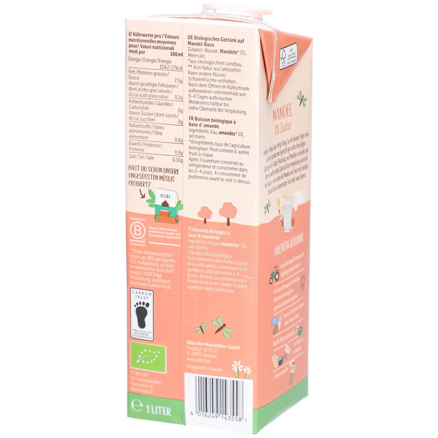 Achterkant tetrapack Allos Mandel Drink, 0% suiker. Voedingswaarden, ingrediëntenlijst, EU Bio-label, Vegan, 1 liter.
