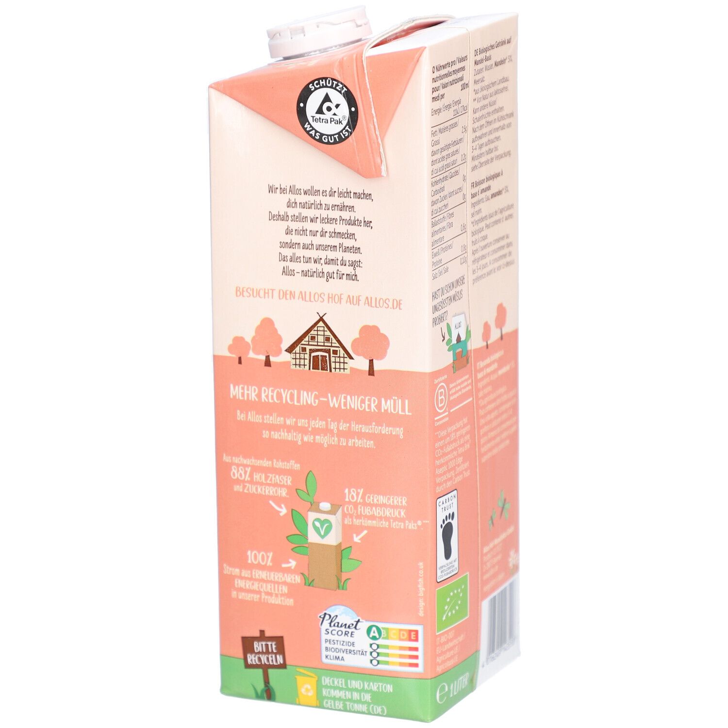 Tetrapack Allos Mandel Drink, 0% suiker. Tekst over recycling en duurzaamheid. Planet Score-label, EU Bio-label.