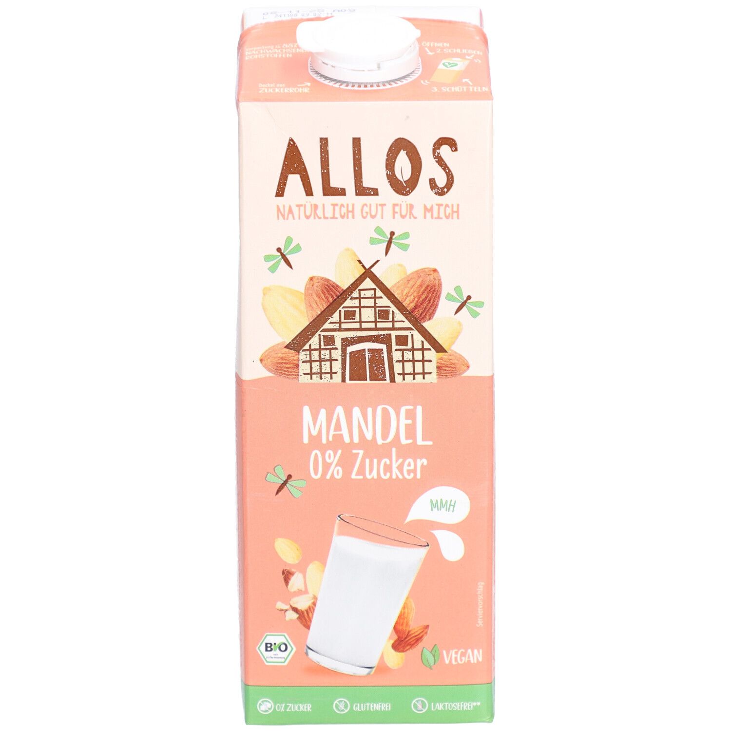 Tetrapack Allos Mandel Drink, 0% suiker. Opschrift: Mandel, EU Bio, Vegan. Afbeelding: glas amandeldrank.