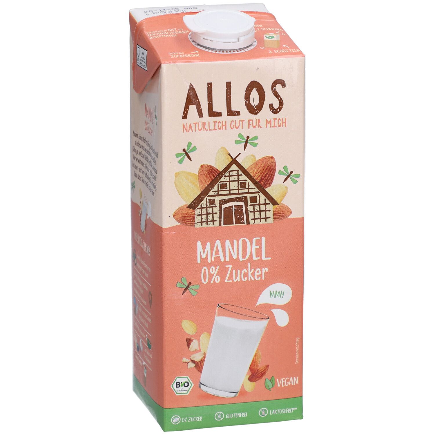 Tetrapack Allos Mandel Drink, 0% suiker. Opschrift: Mandel, EU Bio, Vegan. Afbeelding: glas amandeldrank.