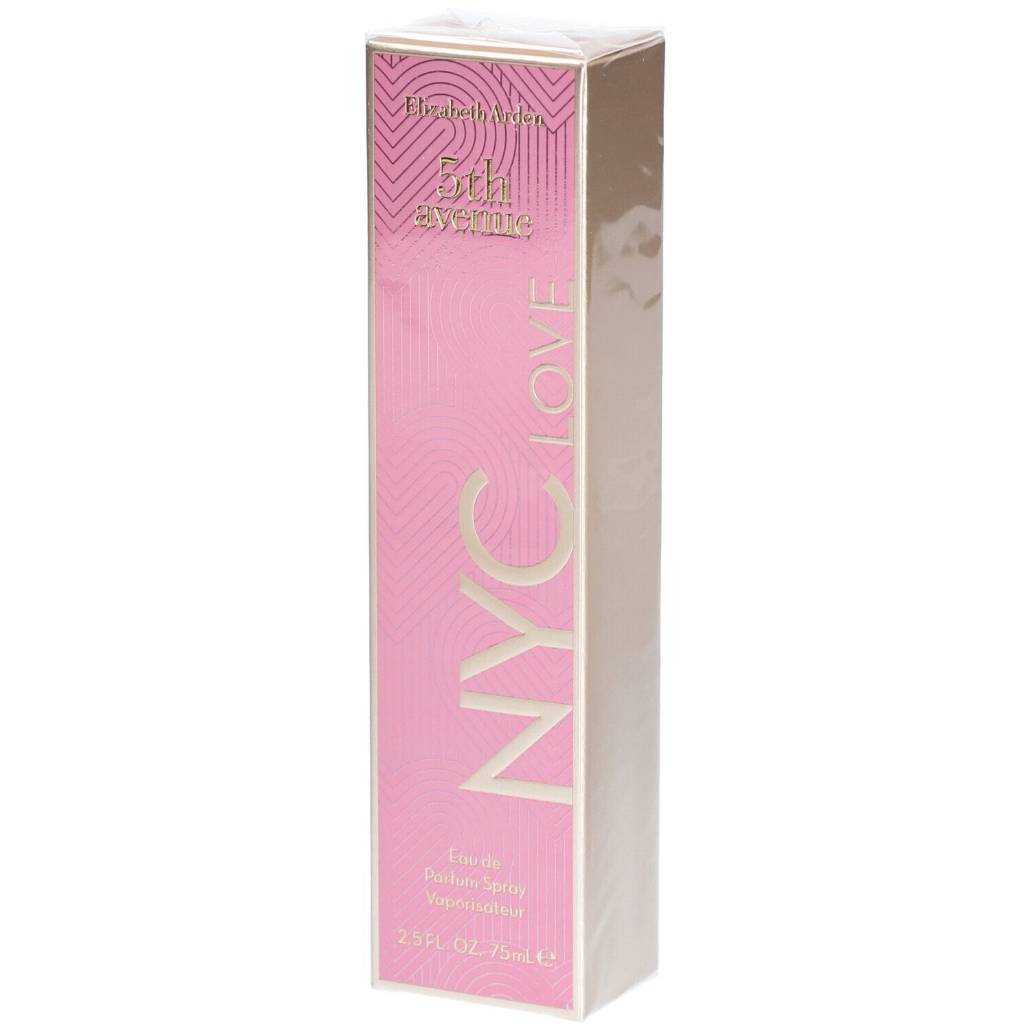 Boîte rose avec texte doré. Inscription: 5th Avenue NYC LOVE. Eau de Parfum Spray. 75 ml.
