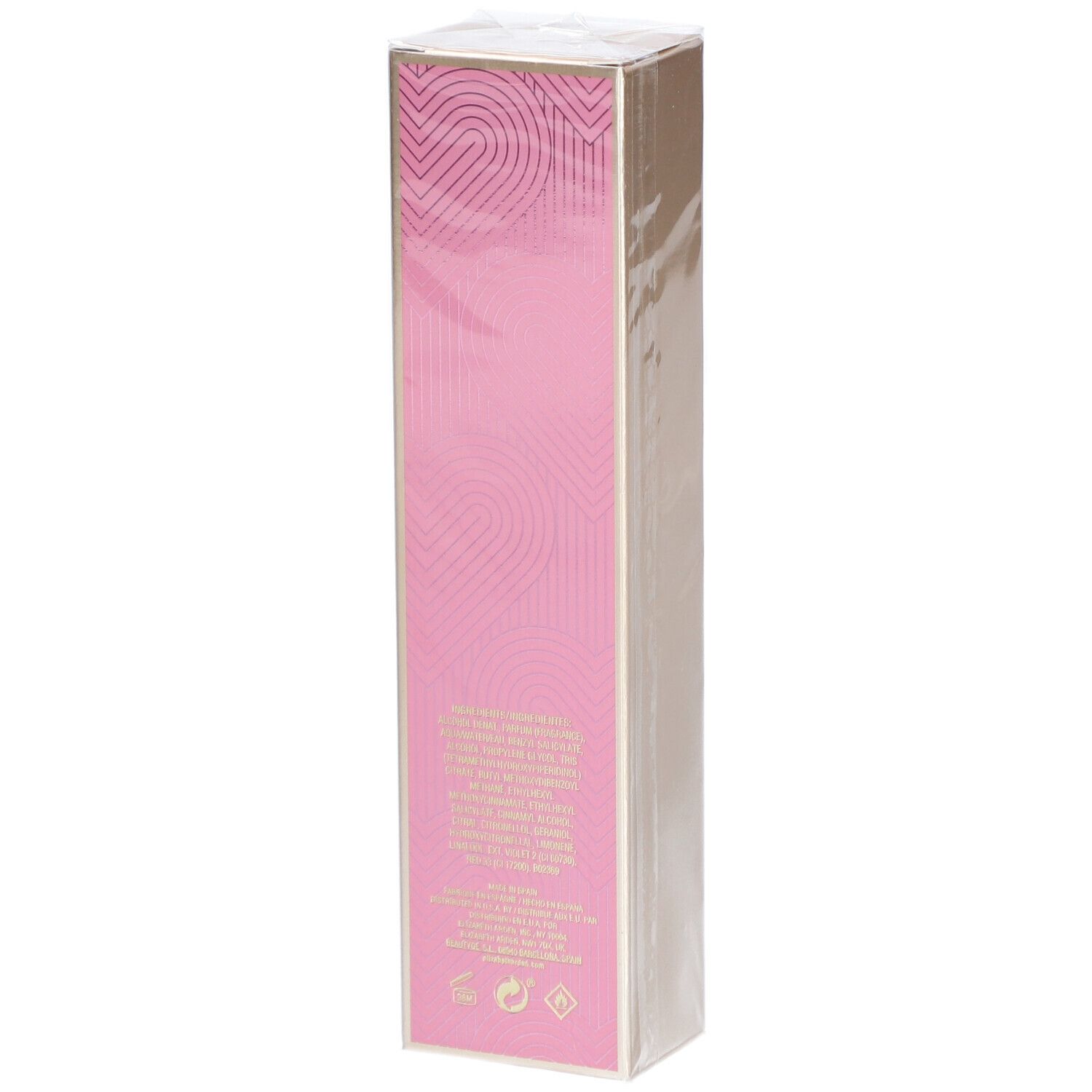 Emballage rectangulaire étroit. Côté rose avec texte doré. Inscription: 5th Avenue NYC LOVE. Dos avec texte.