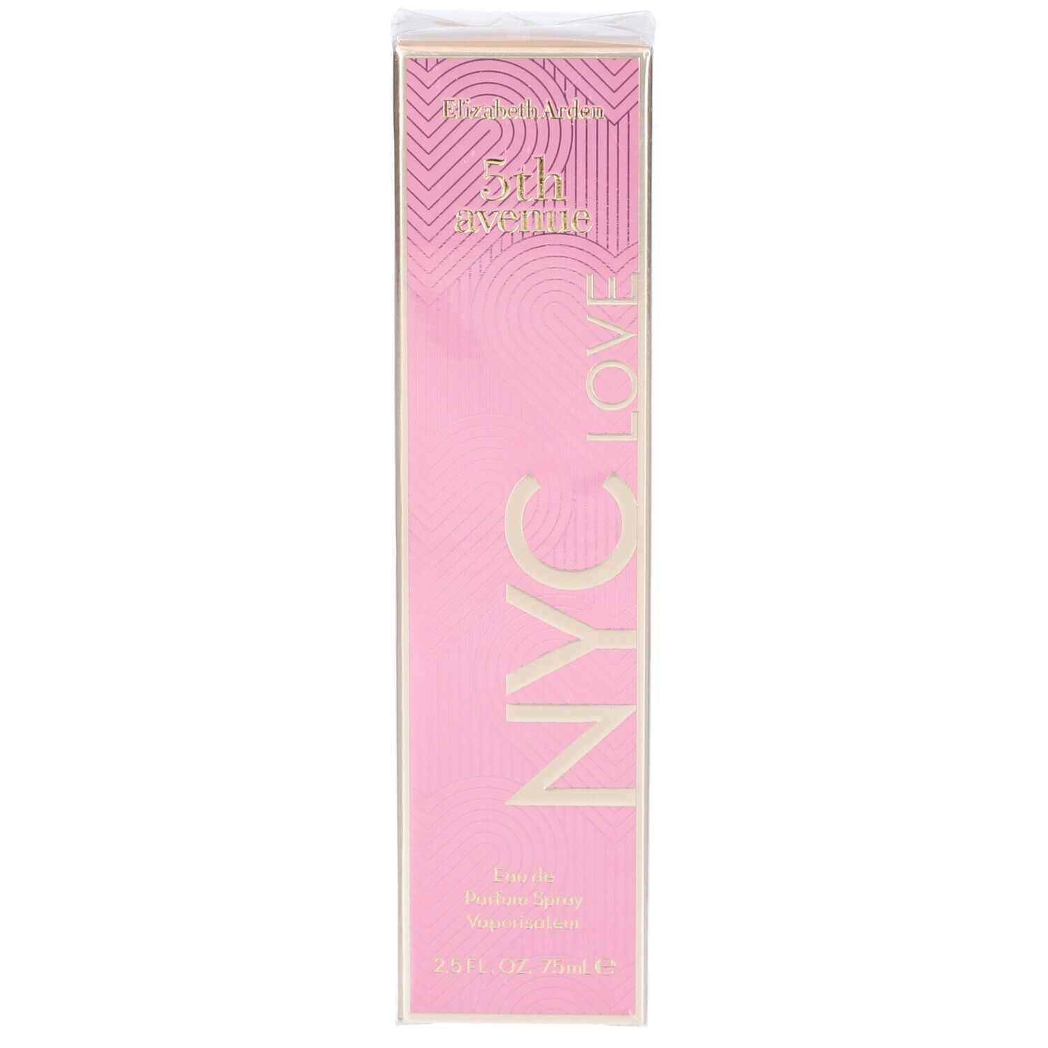 Boîte rose avec texte doré. Inscription: 5th Avenue NYC LOVE. Eau de Parfum Spray. 75 ml.