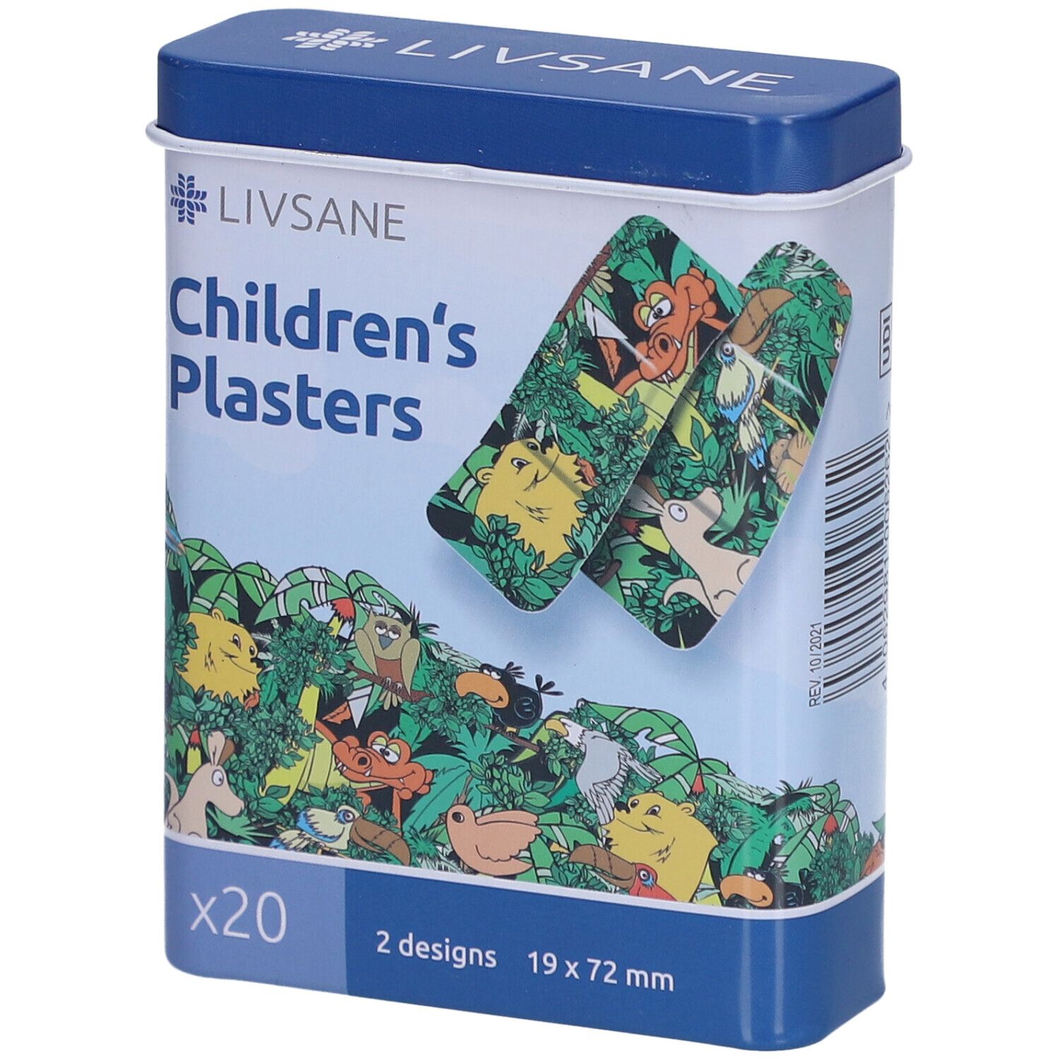 Metalen doosje met kinderpleisters. Bevat 20 pleisters met jungle-ontwerp. Afmeting 19 x 72 mm. Merk LIVSANE.