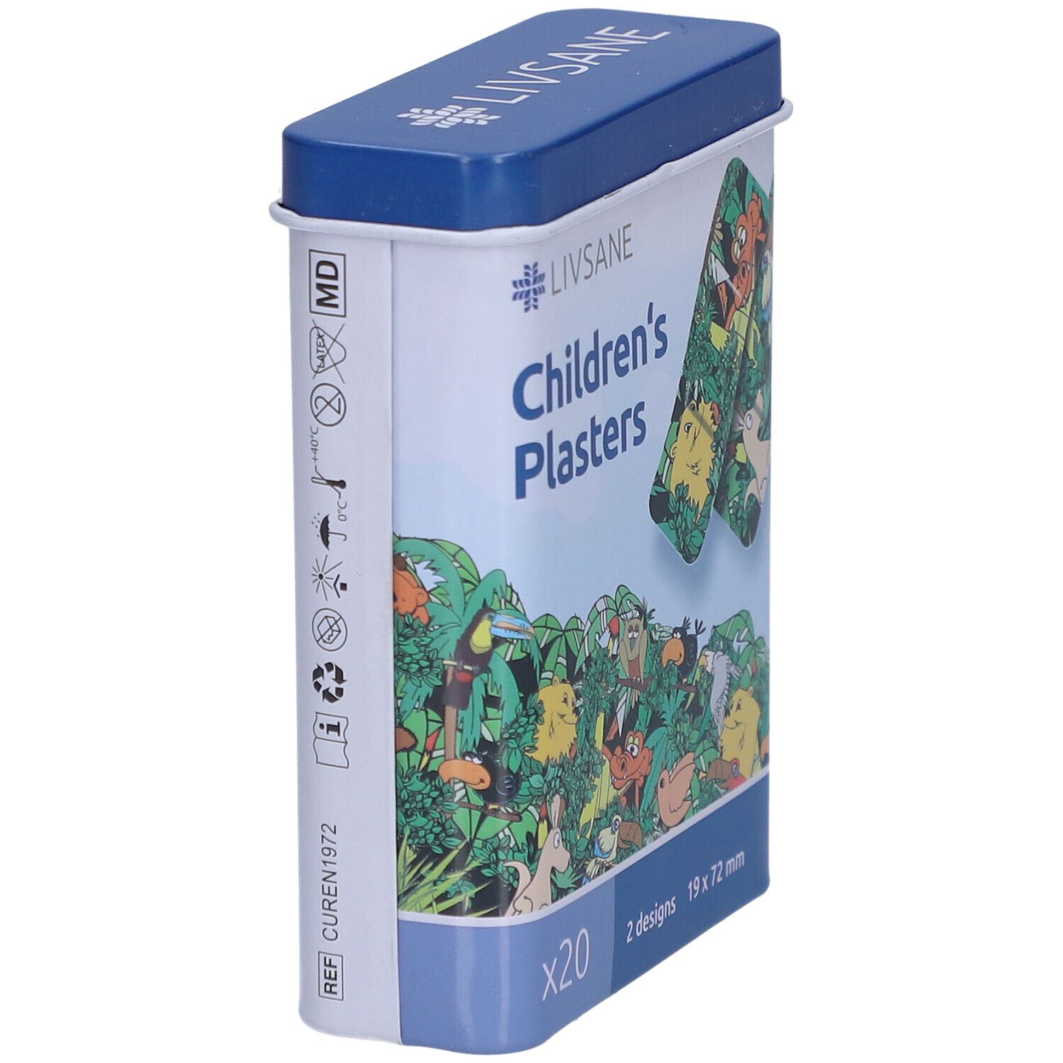 Metalen doosje met kinderpleisters. Zijkant met informatie en logo. Merk LIVSANE. Afmeting 19 x 72 mm.