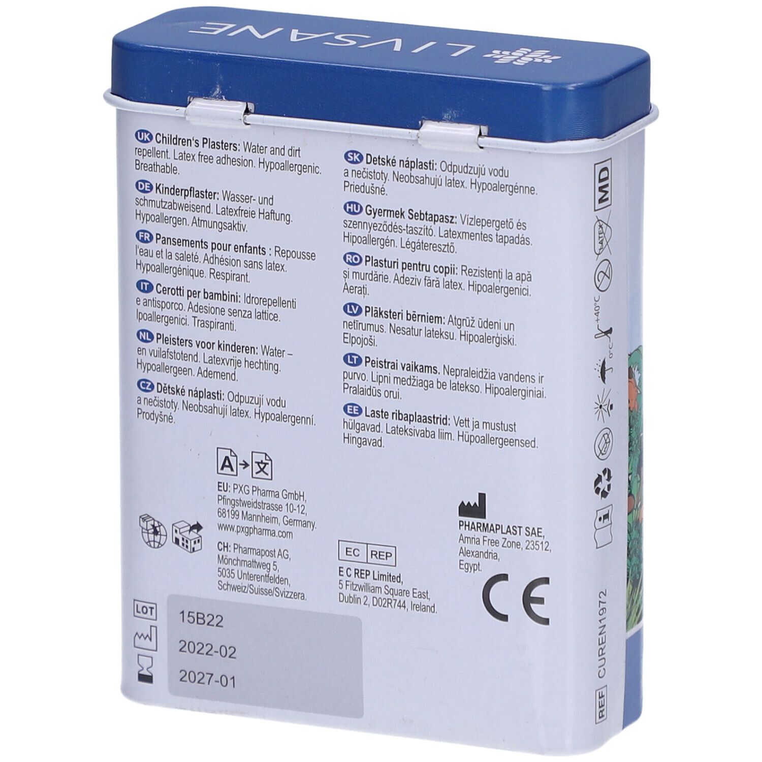 Achterkant van de metalen doos met tekst in meerdere talen. Merk LIVSANE. Afmeting 19 x 72 mm.