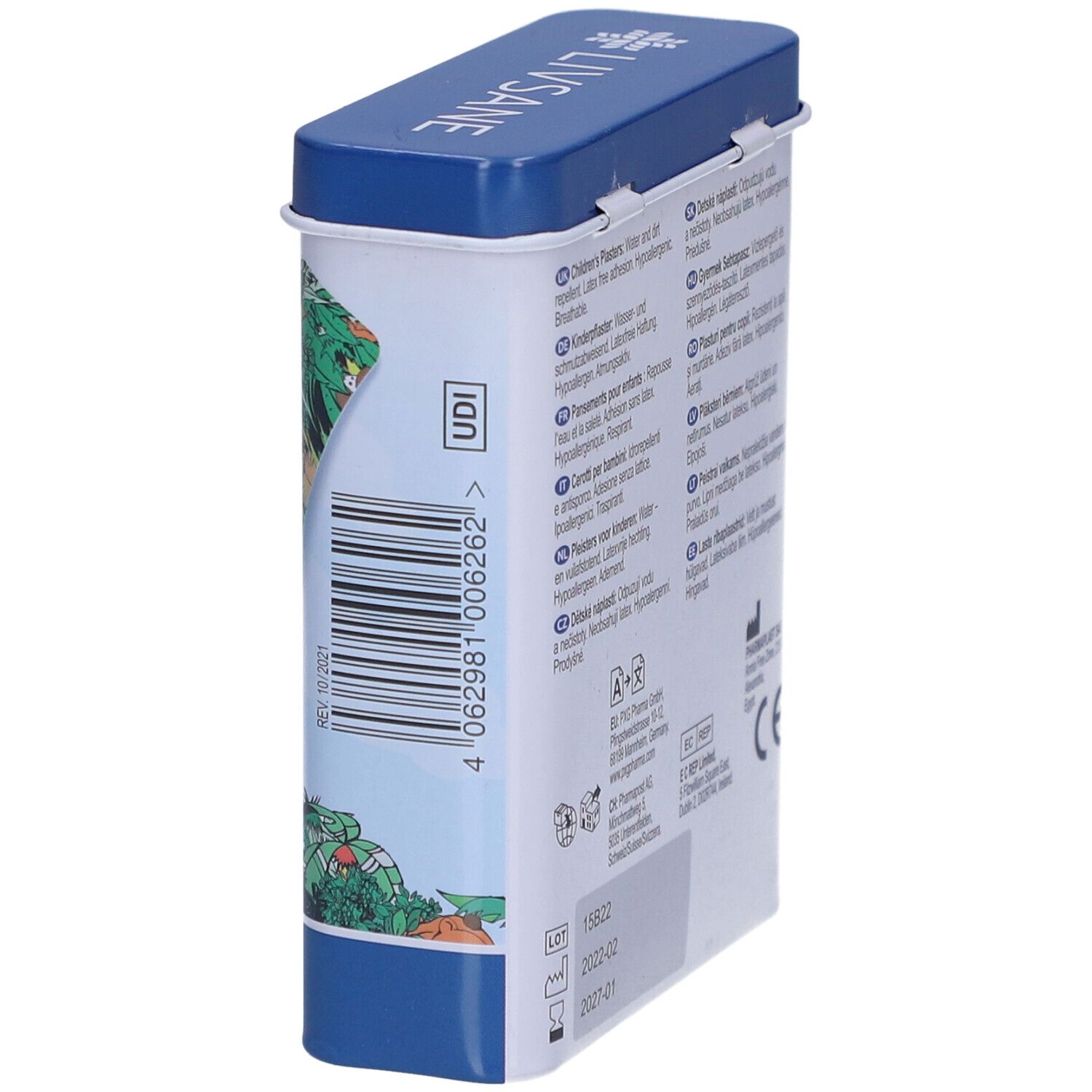 Zijkant van de metalen doos met barcode en informatie. Merk LIVSANE. Afmeting 19 x 72 mm.