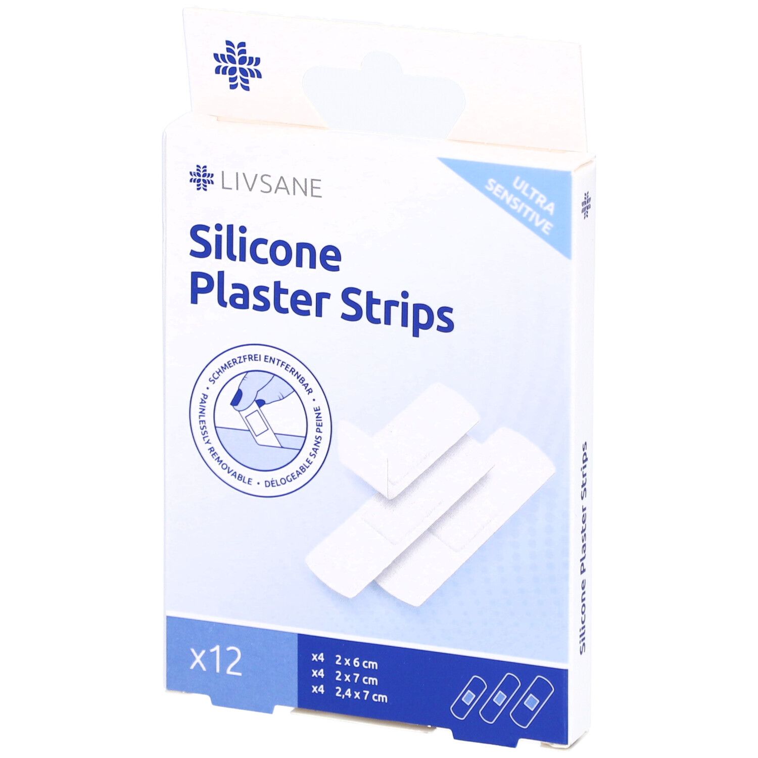 Verpakking LIVSANE siliconen pleisterstrips. Bevat 12 pleisters in 3 maten. Opschrift: Ultra Sensitive.
