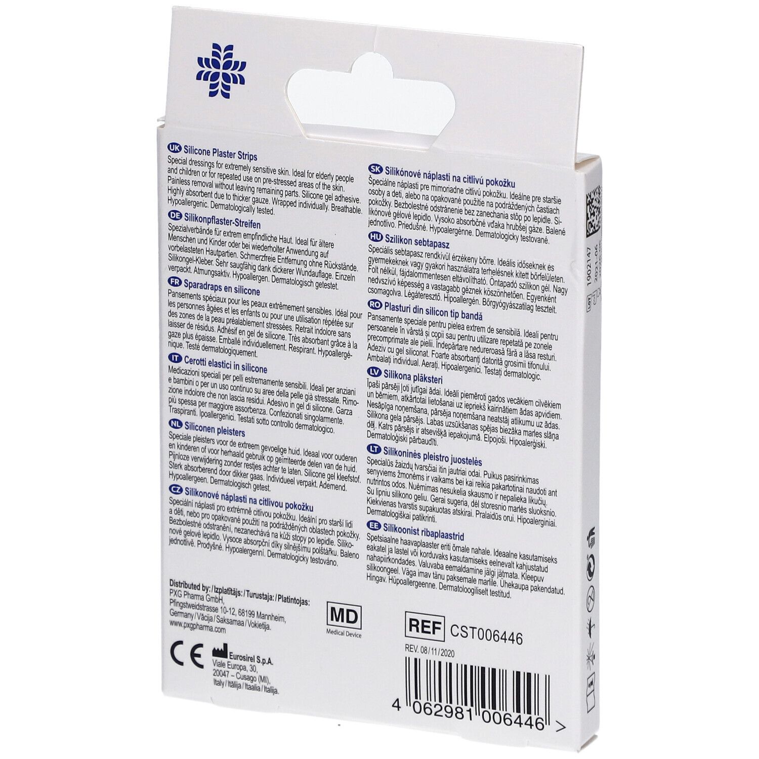 Achterkant van de verpakking met teksten in verschillende talen. Bevat informatie over LIVSANE siliconen pleisterstrips.