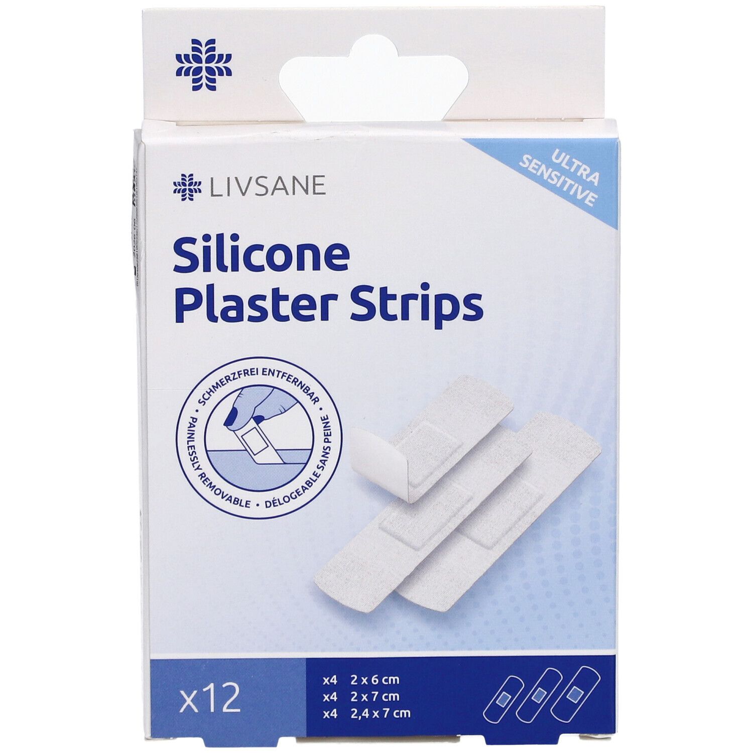 Verpakking LIVSANE siliconen pleisterstrips. Bevat 12 pleisters in 3 maten. Opschrift: Ultra Sensitive.