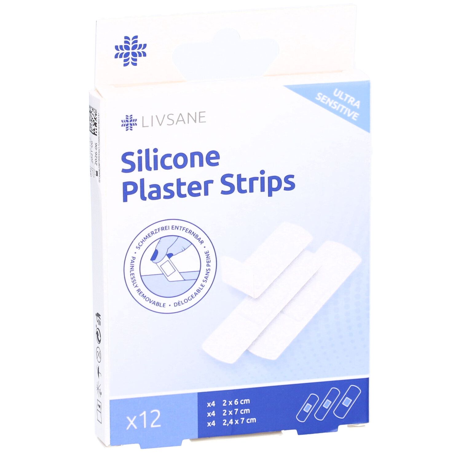 Verpakking LIVSANE siliconen pleisterstrips. Bevat 12 pleisters in 3 maten. Opschrift: Ultra Sensitive.