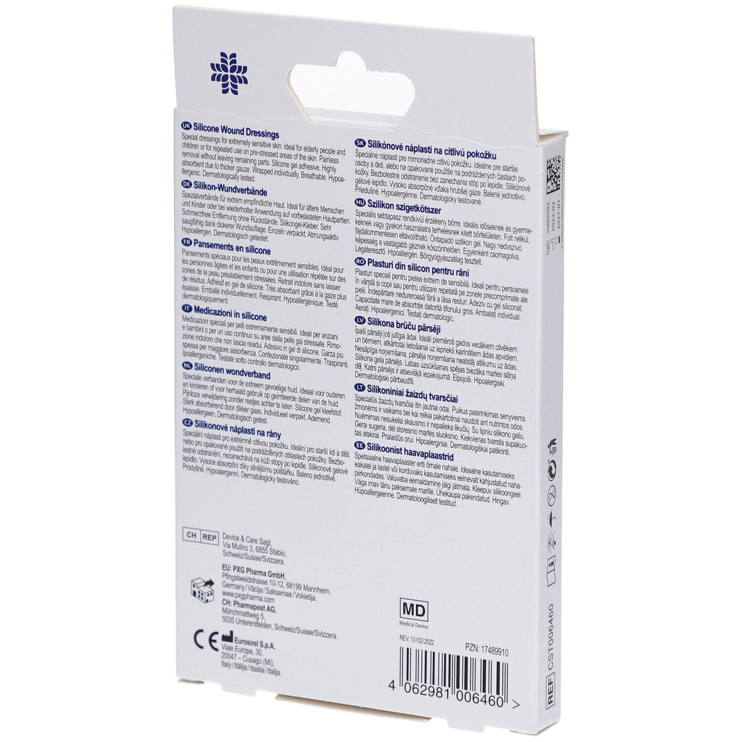 Dos de la boîte avec texte multilingue. Informations sur les pansements en silicone.