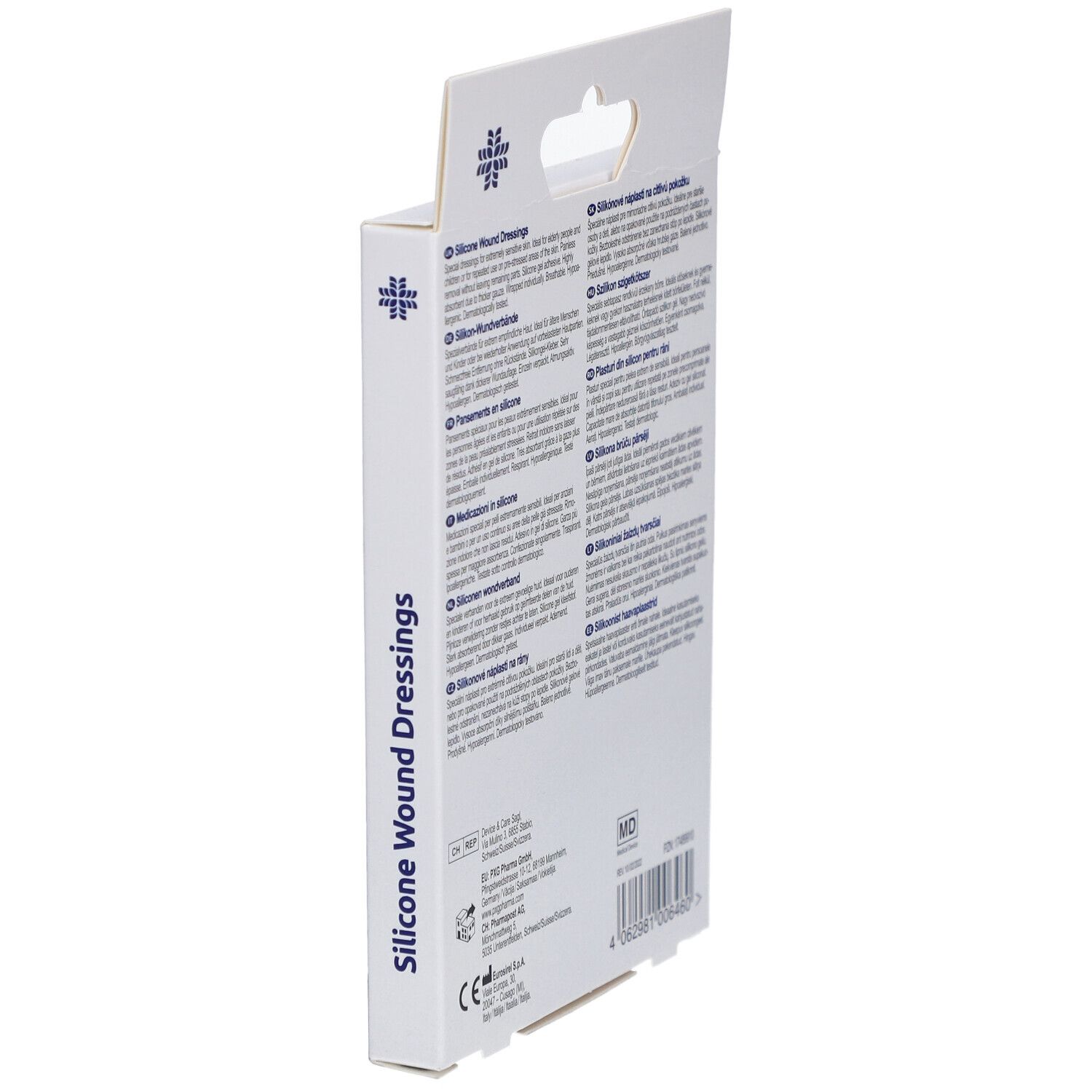 Vue latérale de la boîte avec texte multilingue. Informations sur les pansements en silicone.
