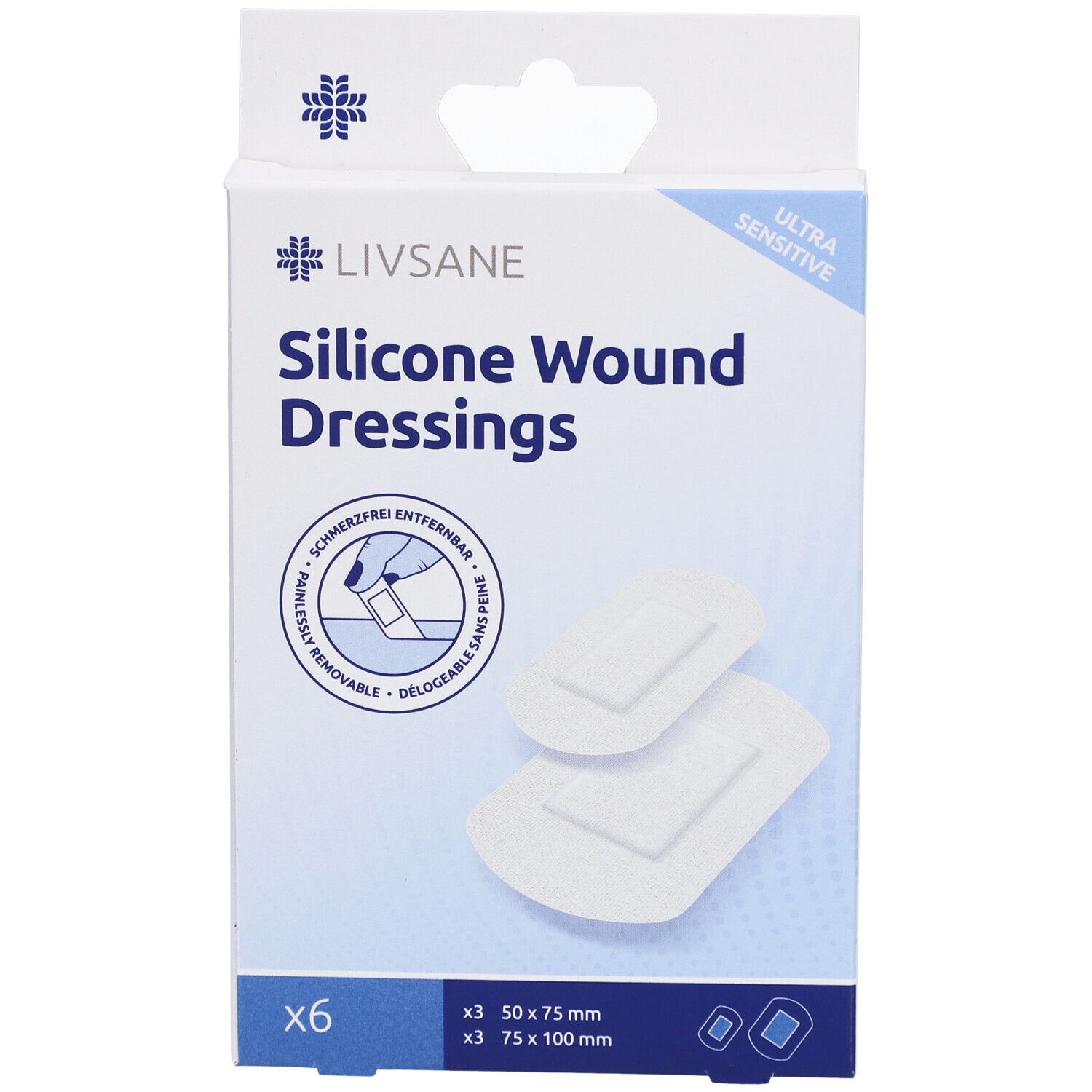 Boîte de pansements silicone LIVSANE. 6 pièces, deux tailles. Ultra sensible. Illustration des pansements.