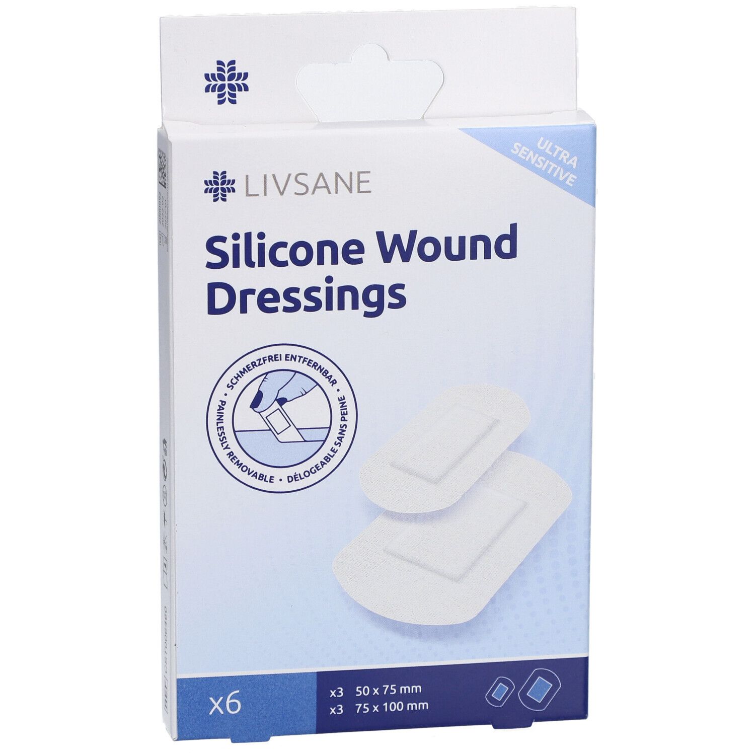 Boîte de pansements silicone LIVSANE. 6 pièces, deux tailles. Ultra sensible. Illustration des pansements.