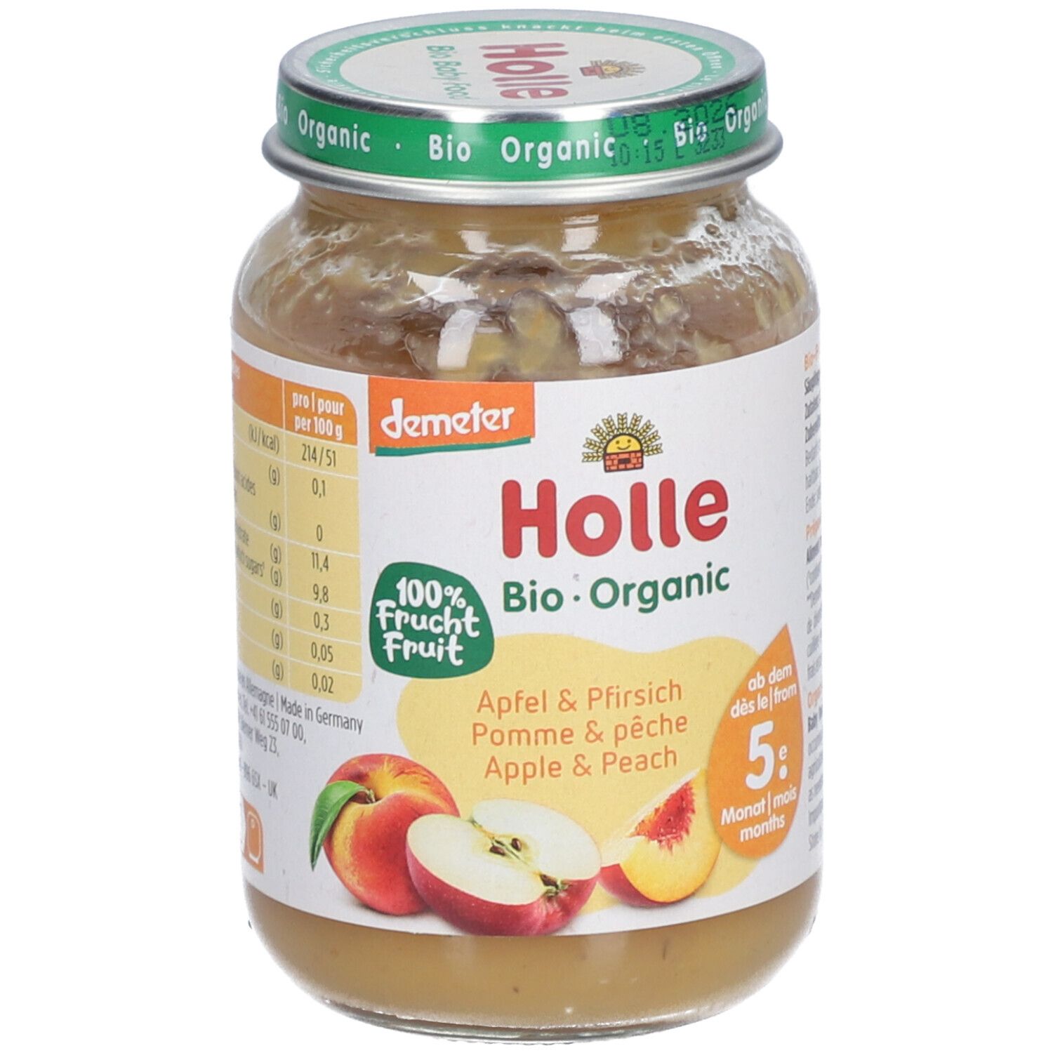 Holle Bio Appel en Perzik fruitbereiding in glas. Ingrediënten: appels, perziken. Demeter-kwaliteit.