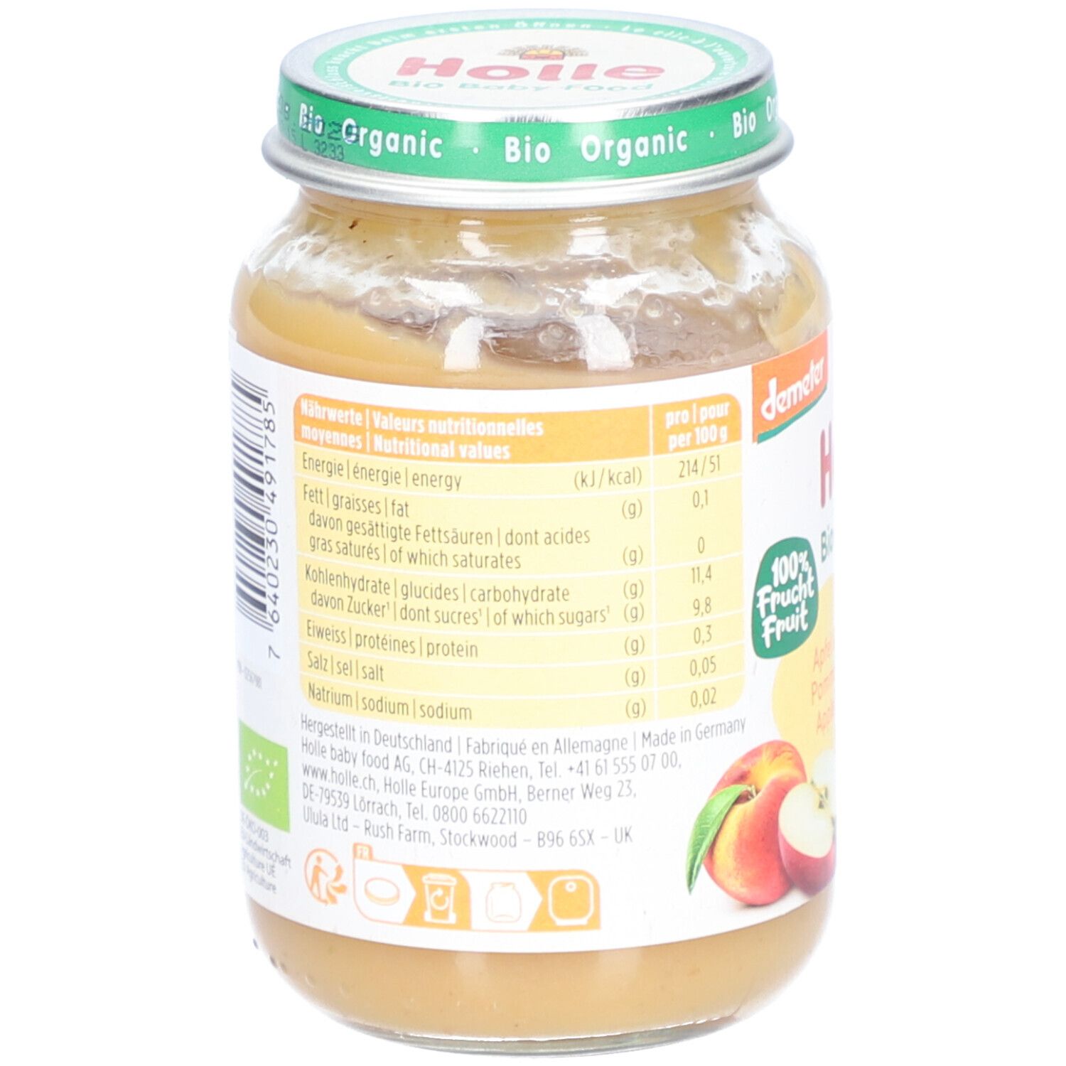 Achterkant pot Holle Bio Appel en Perzik met voedingswaarde en keurmerken. 190g.