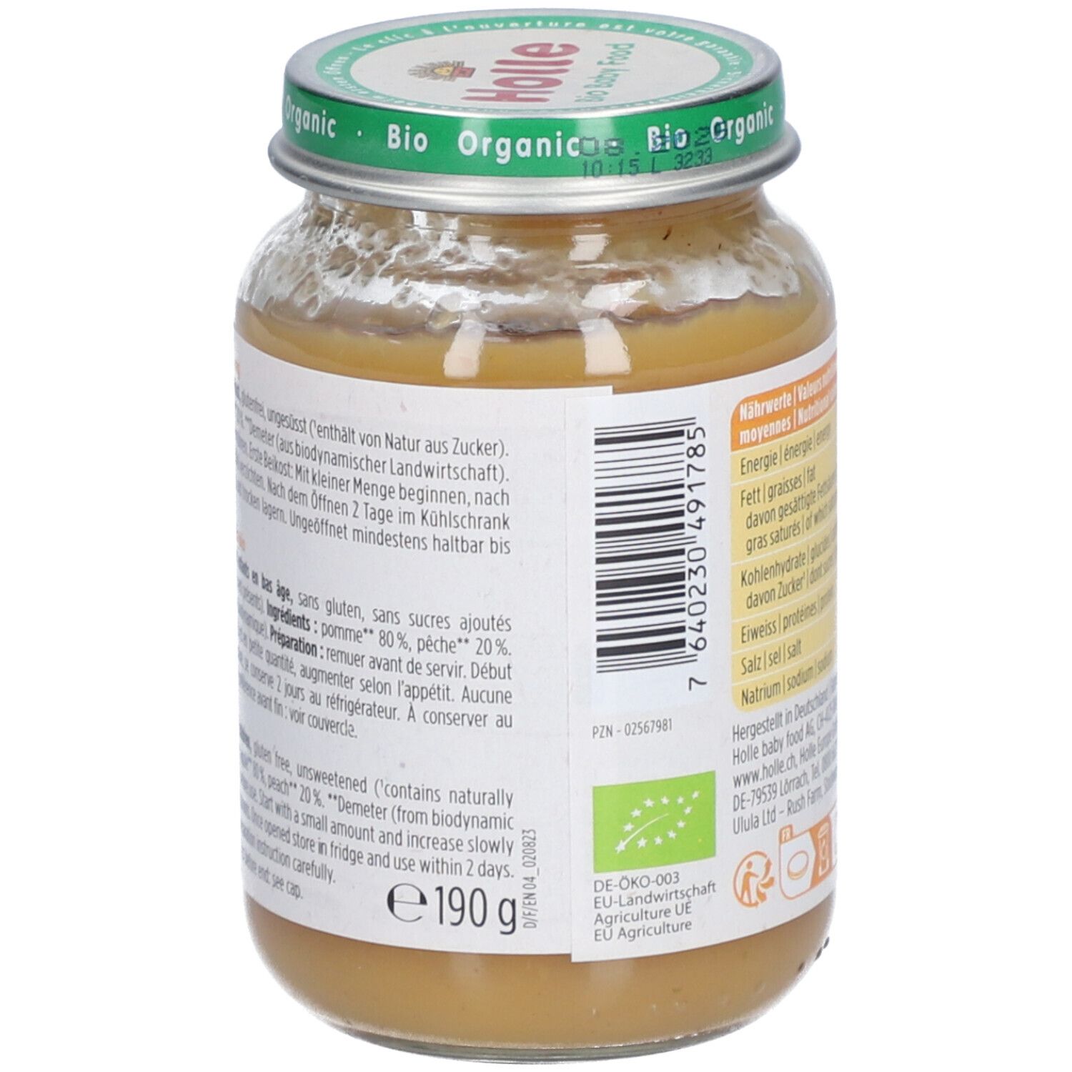 Holle Bio Appel en Perzik fruitbereiding in glas. Achterkant met barcode en EU-biolabel.
