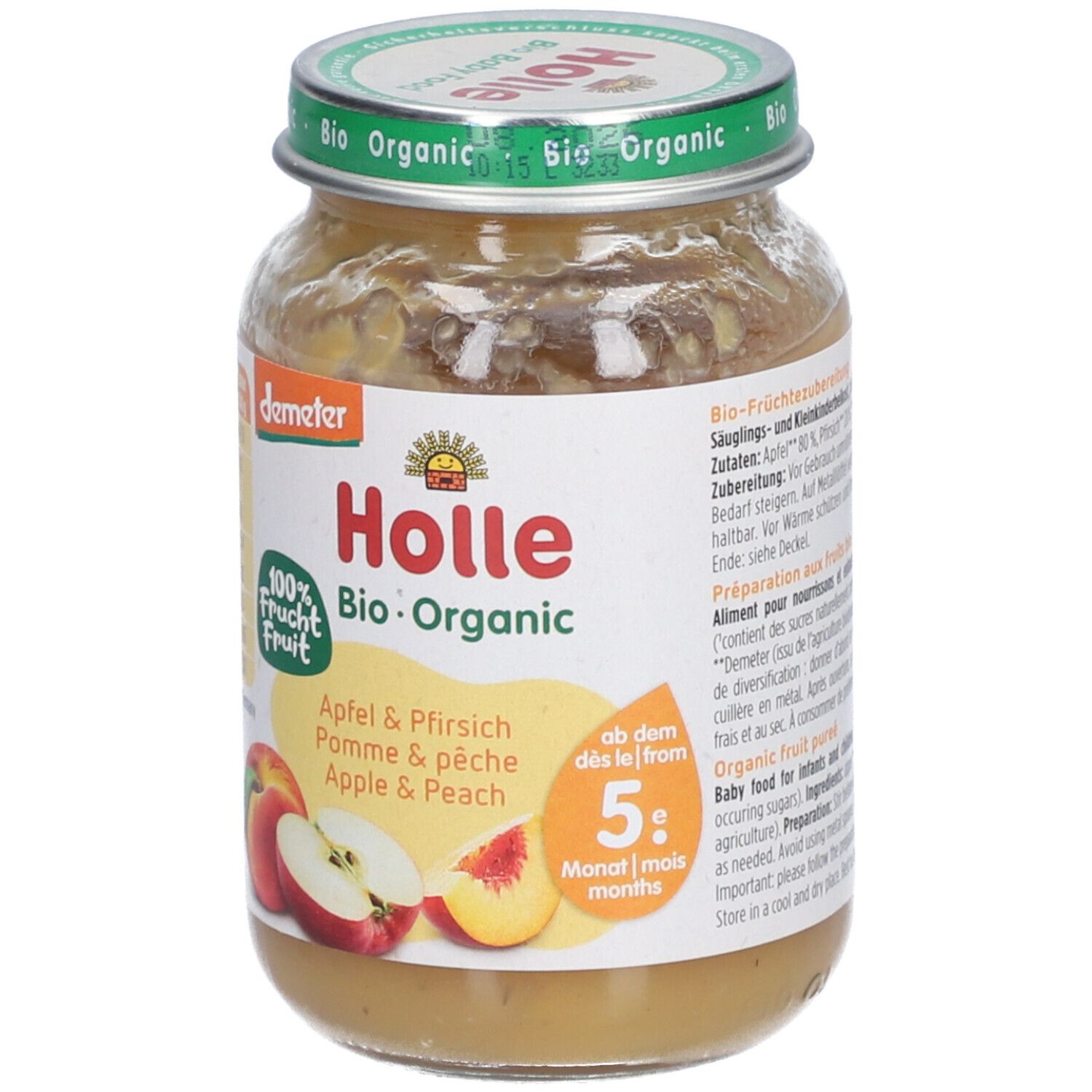 Holle Bio Appel en Perzik fruitbereiding. Vanaf 5 maanden. Met appel- en perzikillustratie.