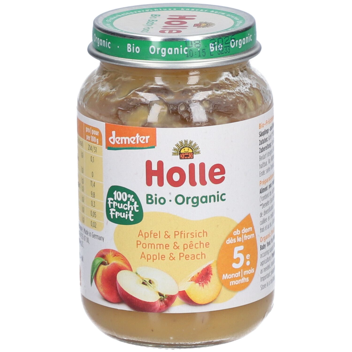 Holle Bio Appel en Perzik fruitbereiding in glas. 100% fruit. Demeter-kwaliteit.