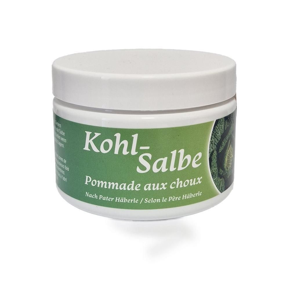 Witte pot met groen etiket. Opschrift: Kohl-Salbe, Pommade aux choux. Nach Pater Häberle.