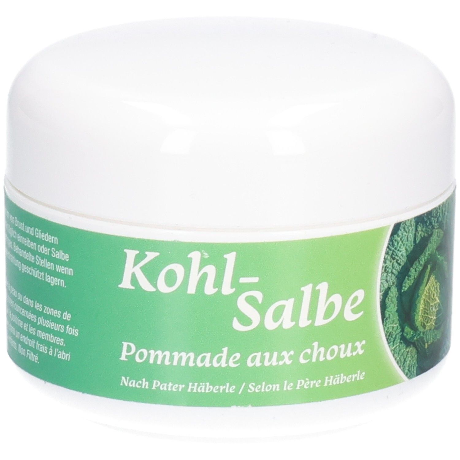 Witte pot met groen etiket. Opschrift: Kohl-Salbe, Pommade aux choux. Tekst in het Duits en Frans.