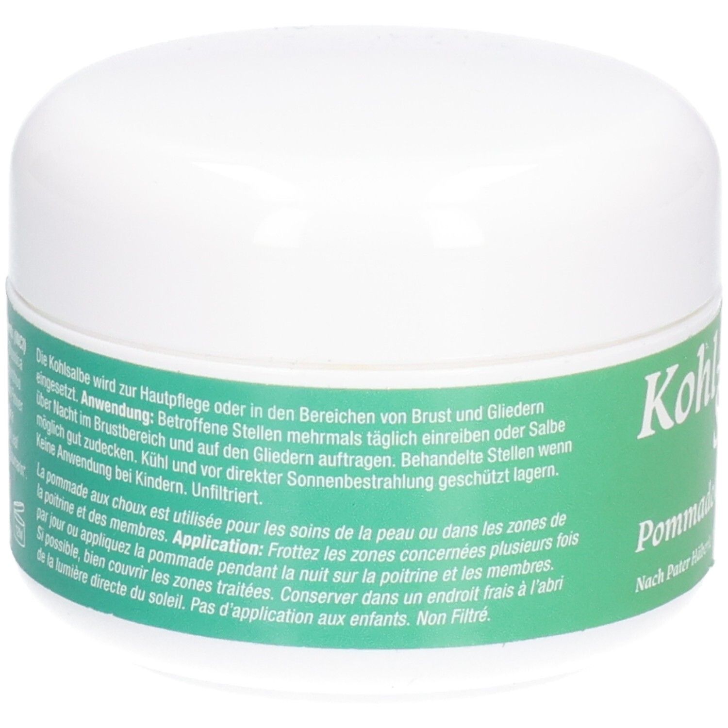 Witte pot met groen etiket. Tekst in het Duits en Frans. Opschrift: Kohl-Salbe, Pommade aux choux.