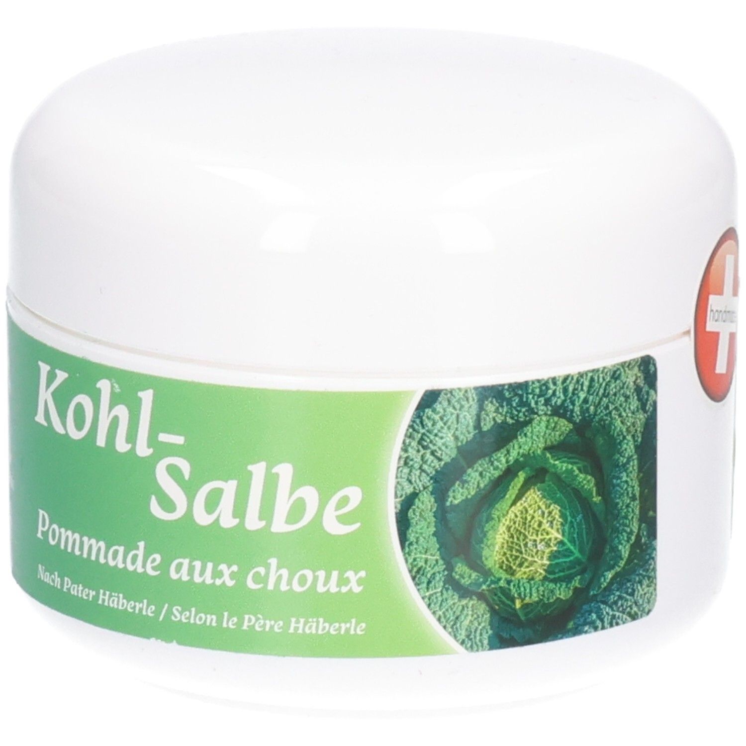 Witte pot met groen etiket. Zwitsers kruis en opschrift: handmade. Opschrift: Kohl-Salbe, Pommade aux choux.