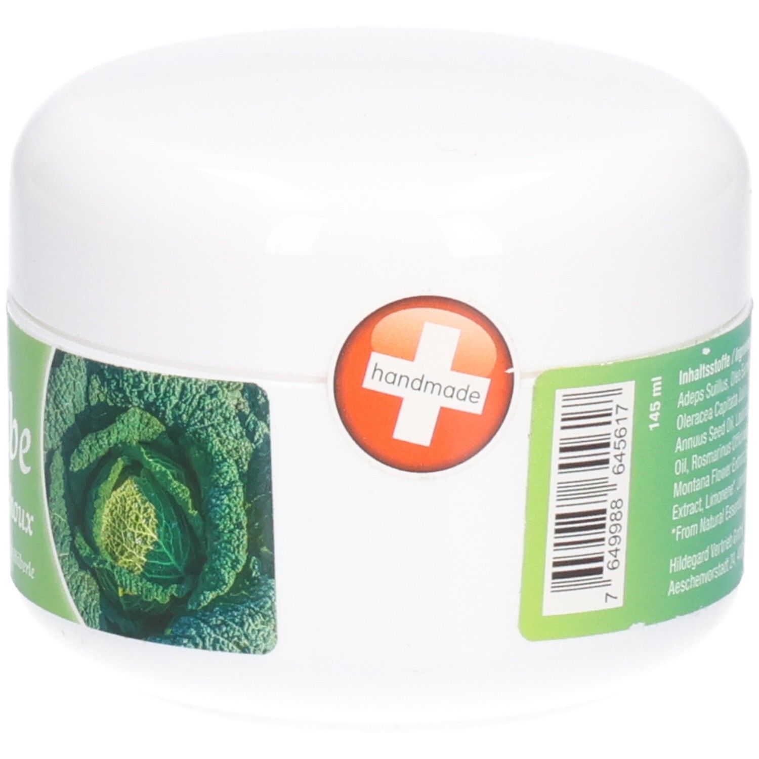 Witte pot met groen etiket. Zwitsers kruis en opschrift: handmade. Opschrift: Kohl-Salbe, Pommade aux choux.