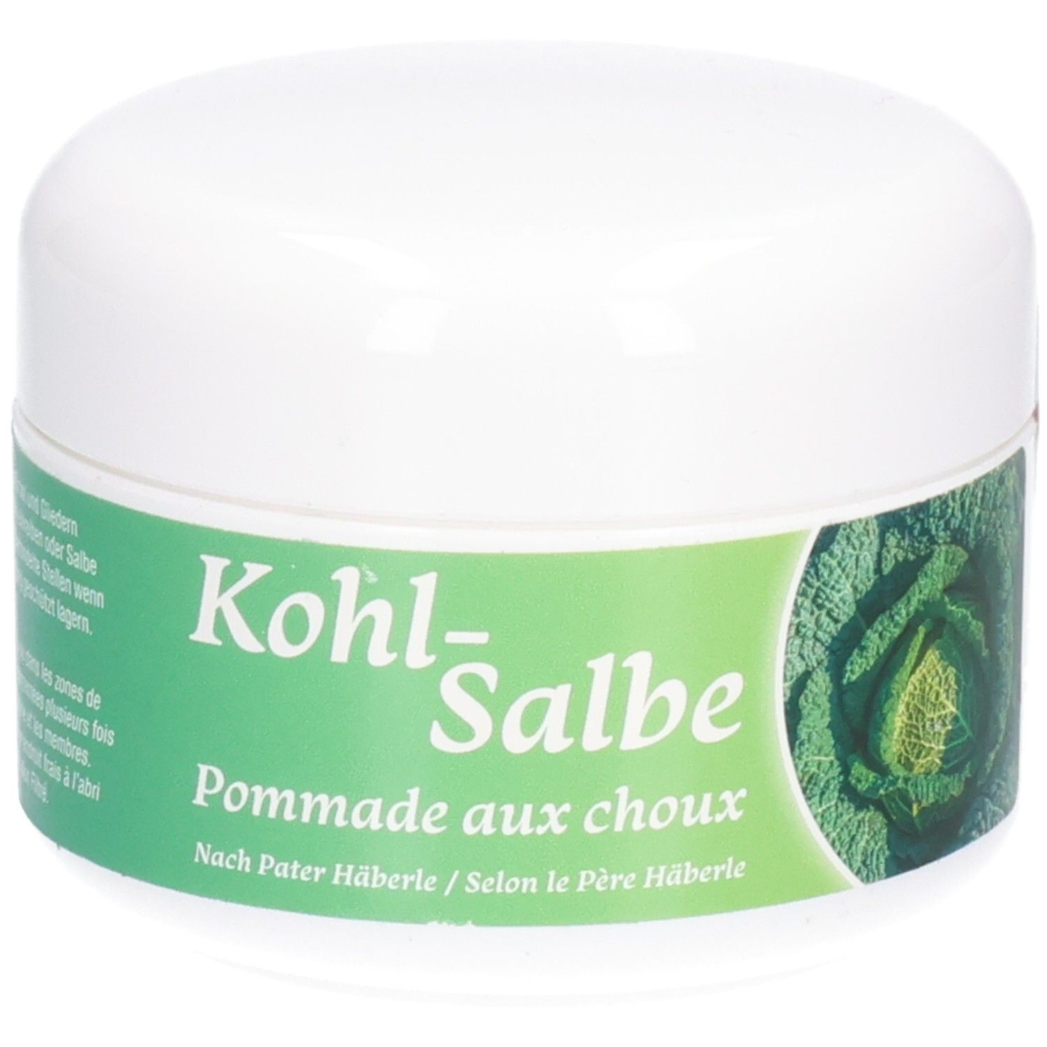 Witte pot met groen etiket. Opschrift: Kohl-Salbe, Pommade aux choux. Nach Pater Häberle.