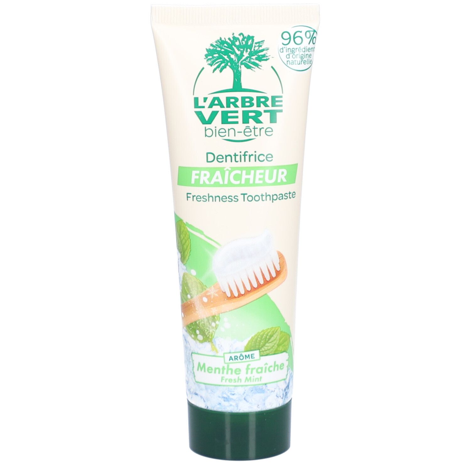 Tandpastatube L'ARBRE VERT. Opschrift: Dentifrice Fraîcheur, 96% ingrediënten van natuurlijke oorsprong. Groene dop.