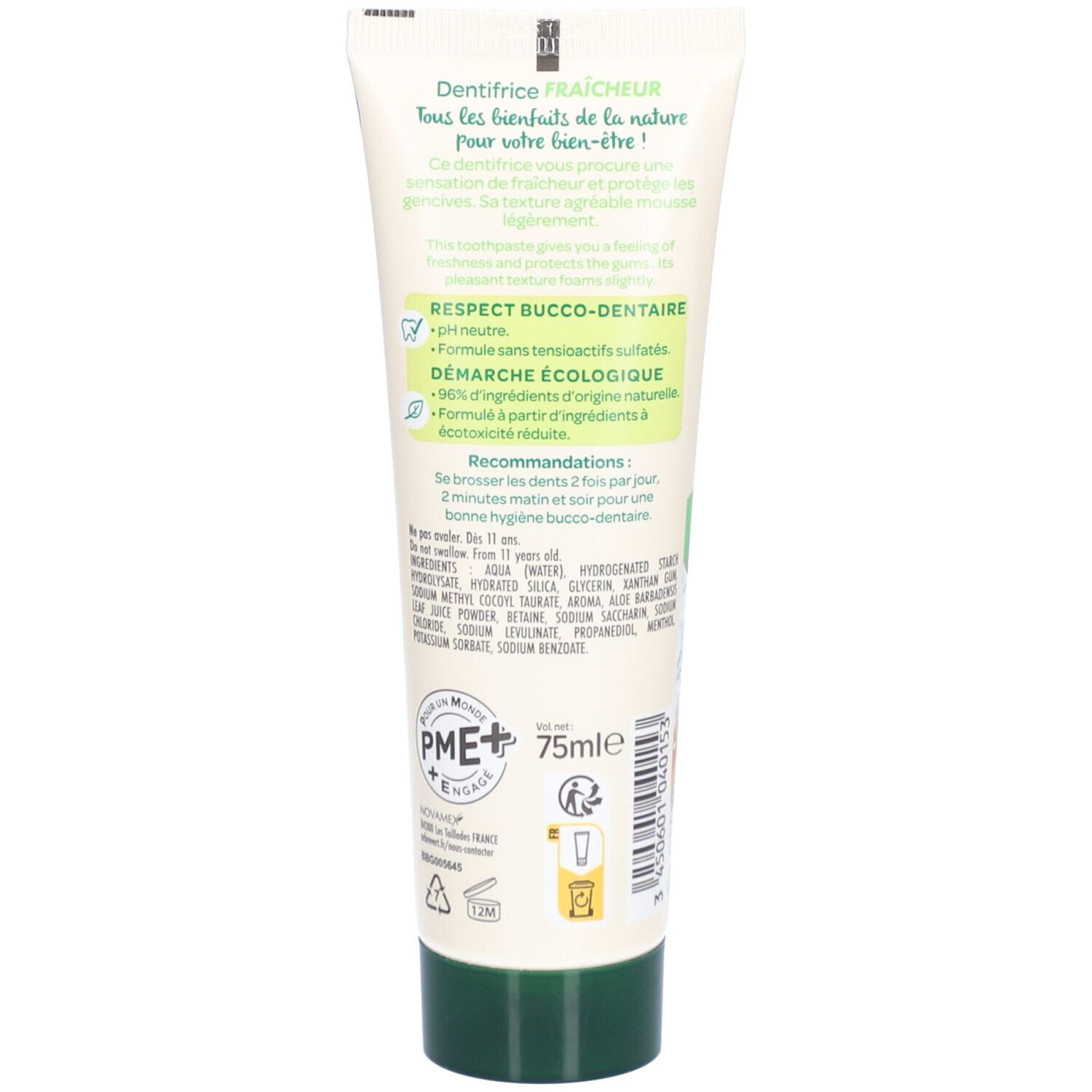 Achterkant van de tandpastatube. Tekst: Dentifrice fraîcheur, 75ml, Demarche Ecologique, PME+. Groene dop.