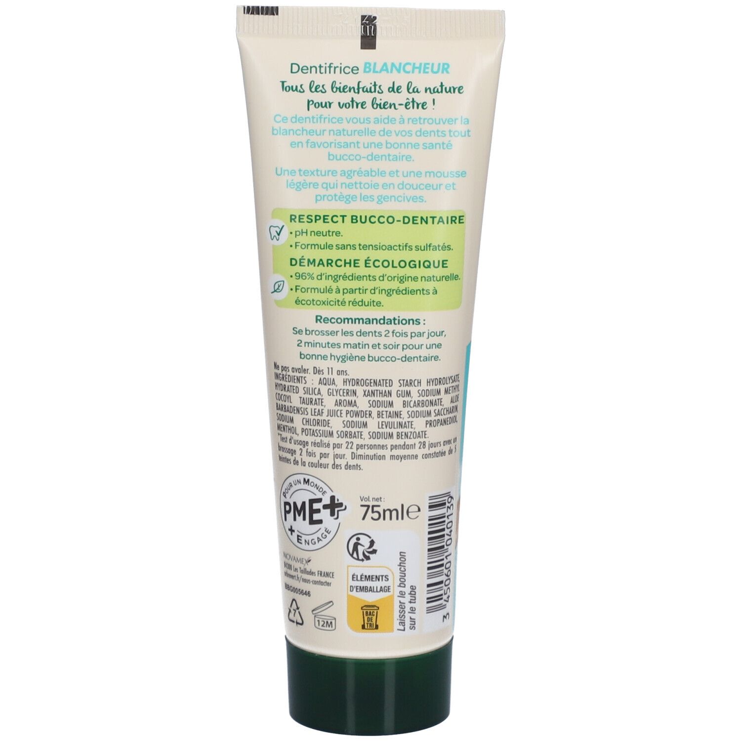 Dos du tube de dentifrice L'ARBRE VERT. Texte, logo, certifications, 75ml, symbole de recyclage.