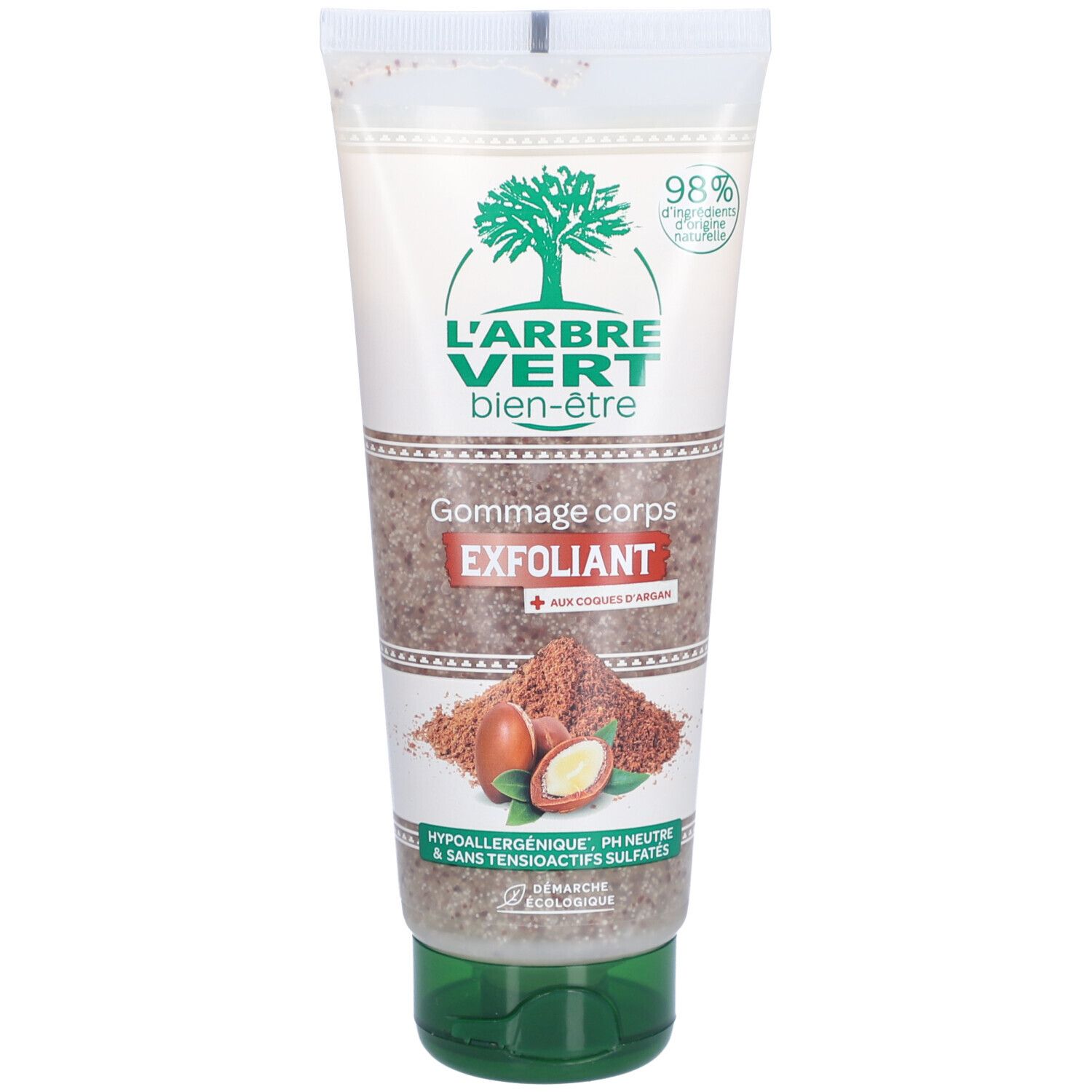 Tube lichaamsscrub, L'Arbre Vert. Witte en groene verpakking, groene dop. Tekst: Gommage corps exfoliant, arganolie, 98% ingrediënten van natuurlijke oorsprong.