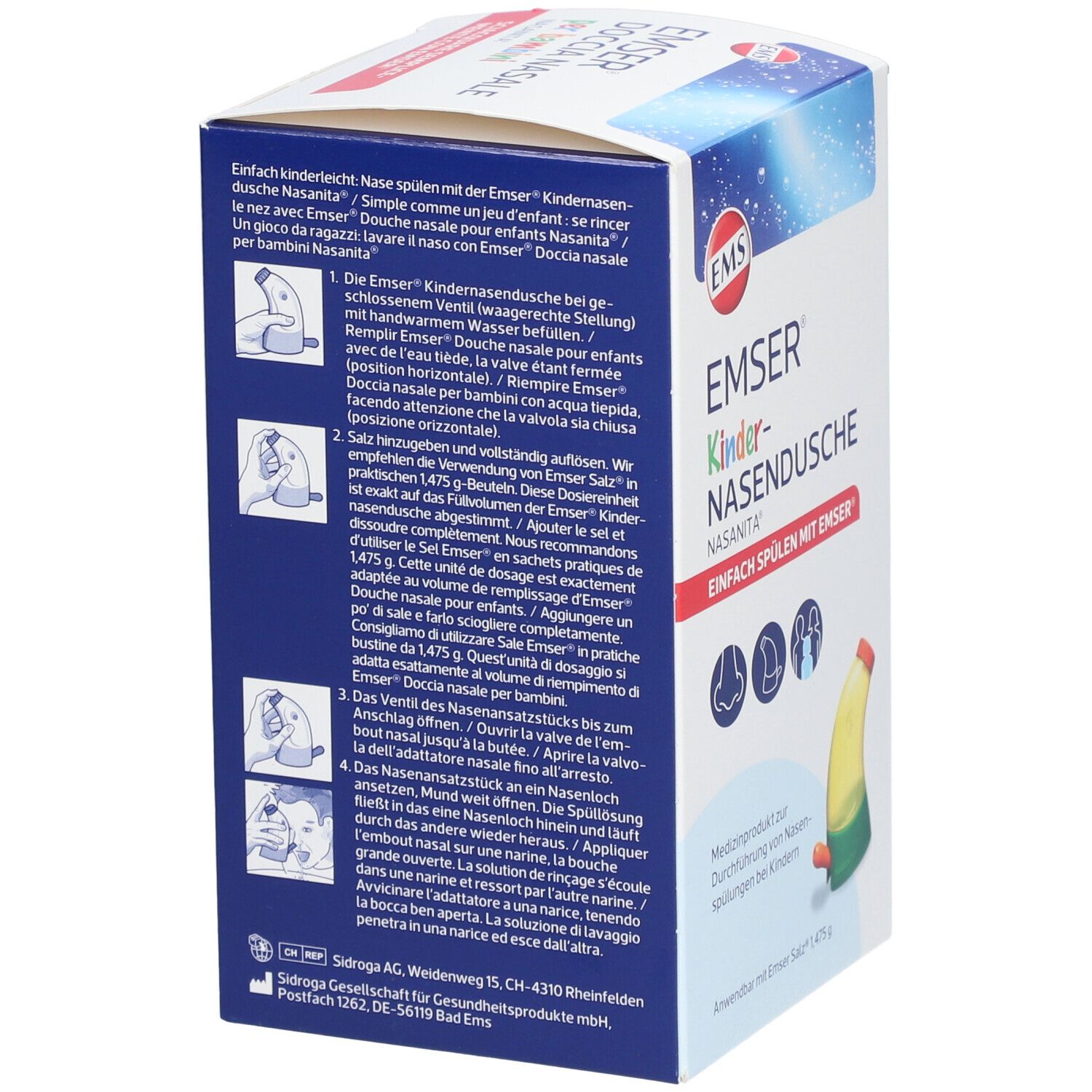 Dos de la boîte de Emser® Douche Nasale pour enfants Nasanita®. Texte en français, avec instructions d'utilisation et informations sur le produit.