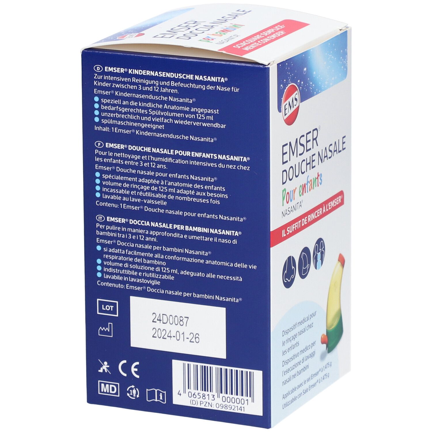 Dos de la boîte de Emser® Douche Nasale Pour enfants Nasanita®. Texte en français, avec informations sur le produit et son utilisation.