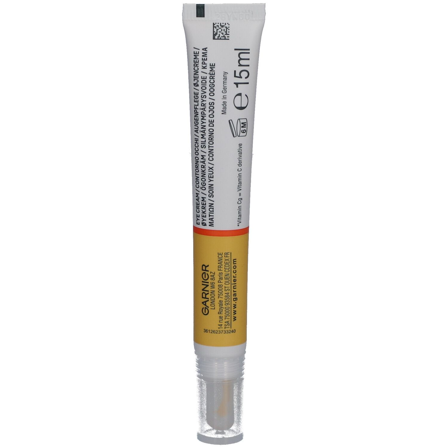 Garnier Vitamin C oogcrème tube. Bevat 15ml. Gemaakt in Duitsland. Met roll-on applicator.