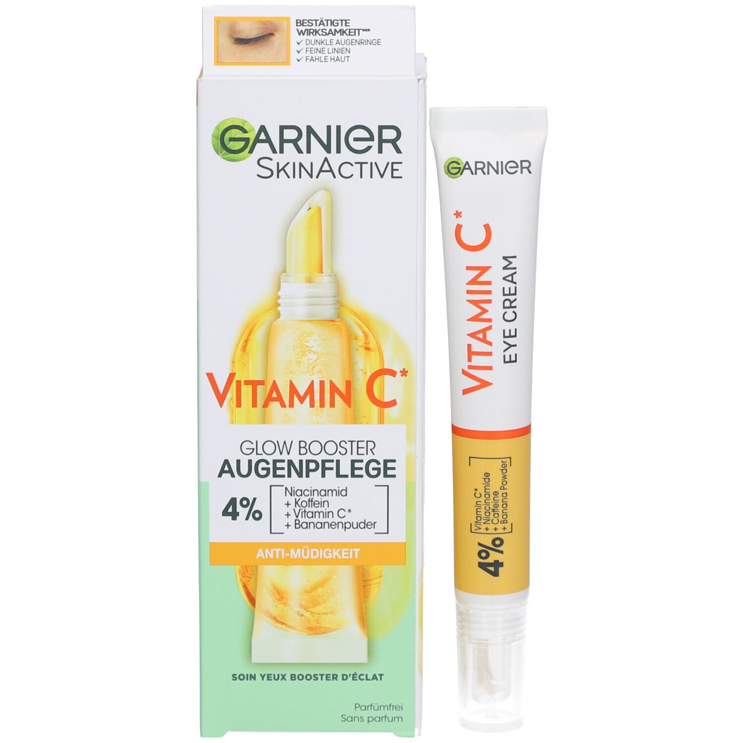 Garnier SkinActive Vitamin C oogverzorging met tube en verpakking. Bevat 4% actieve ingrediënten. Anti-vermoeidheid.