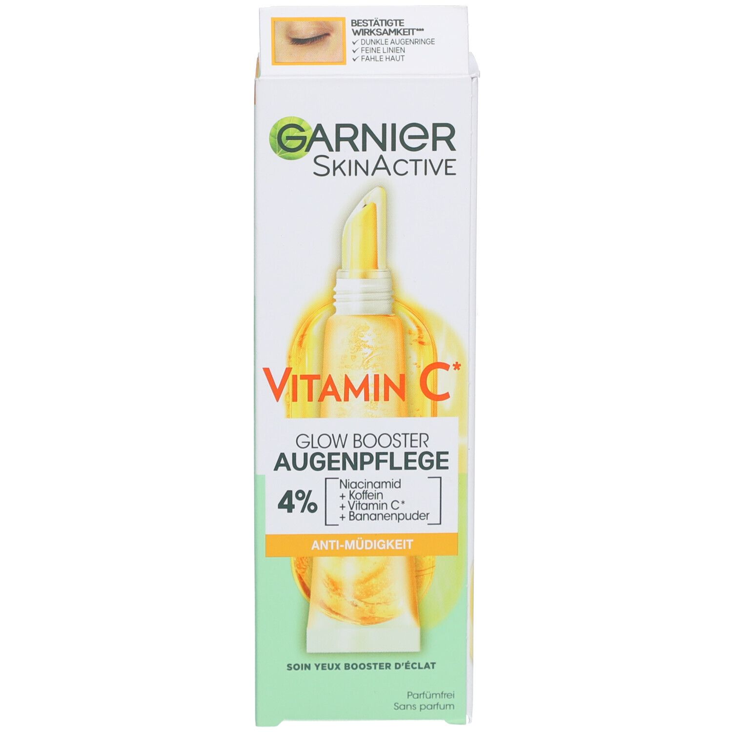 Garnier SkinActive Vitamin C oogverzorging verpakking. Bevat 4% actieve ingrediënten. Anti-vermoeidheid. Met productafbeelding.