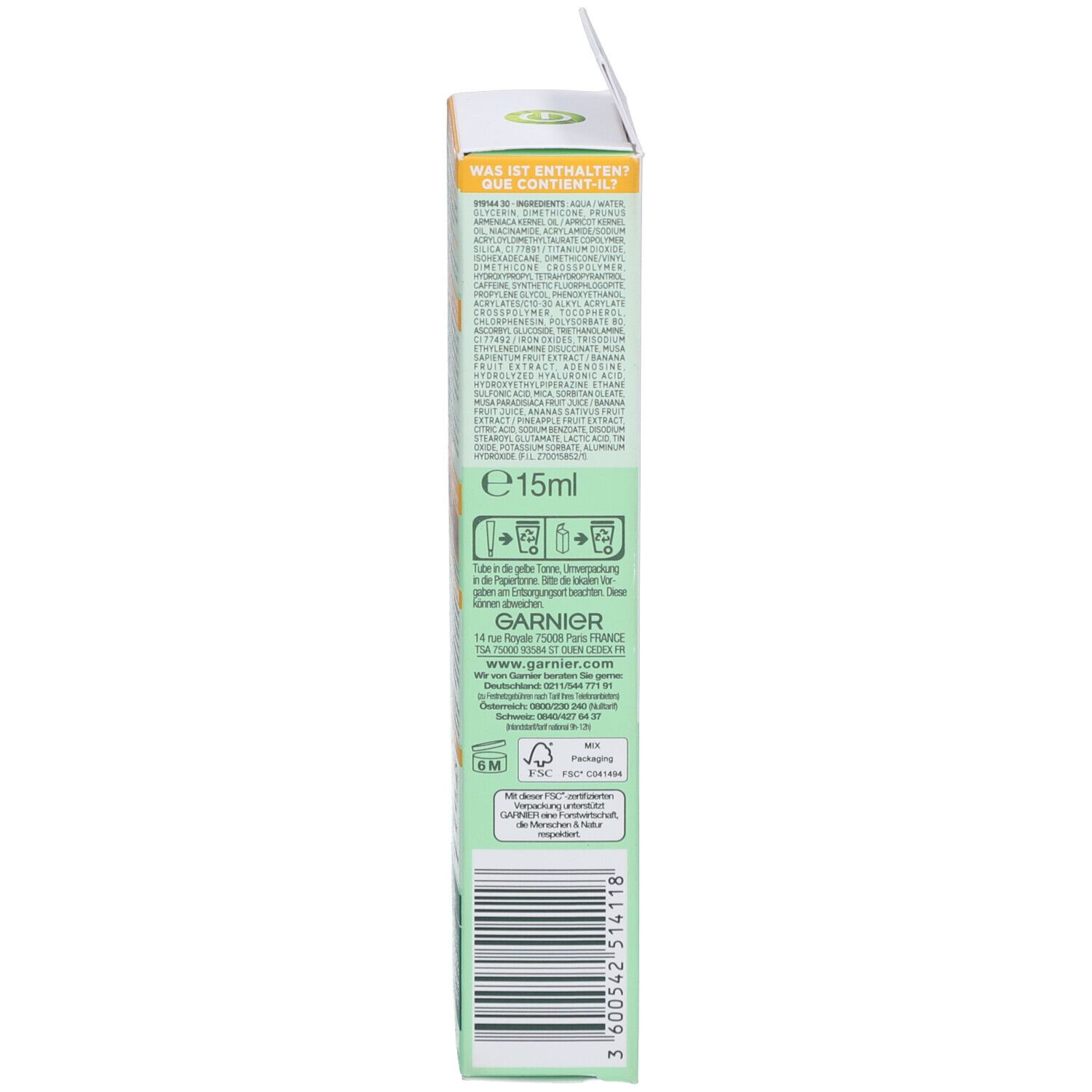 Verpakking van Garnier Vitamin C oogverzorging. Bevat informatie over ingrediënten en fabrikant.