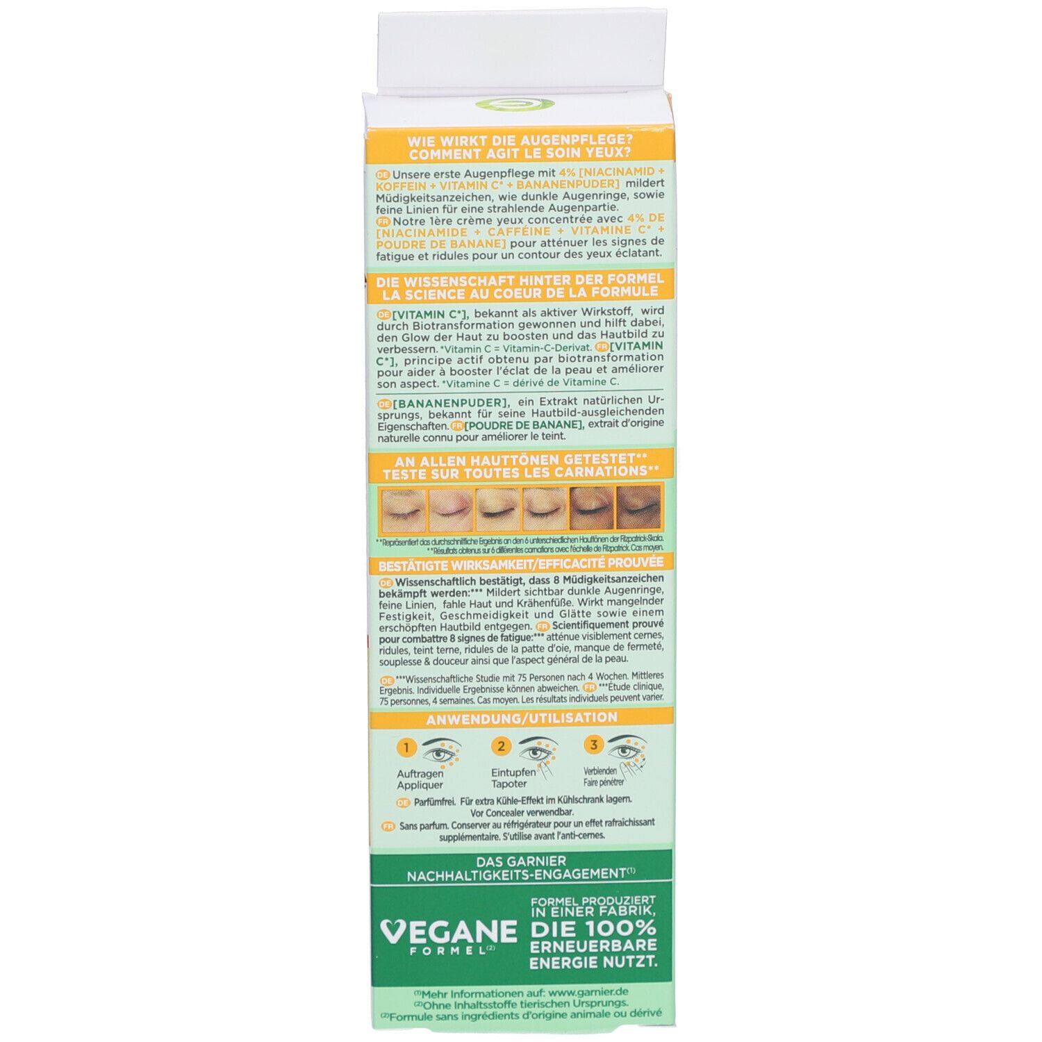Achterkant van de Garnier Vitamin C oogverzorging verpakking. Bevat gebruiksaanwijzing en ingrediënten.