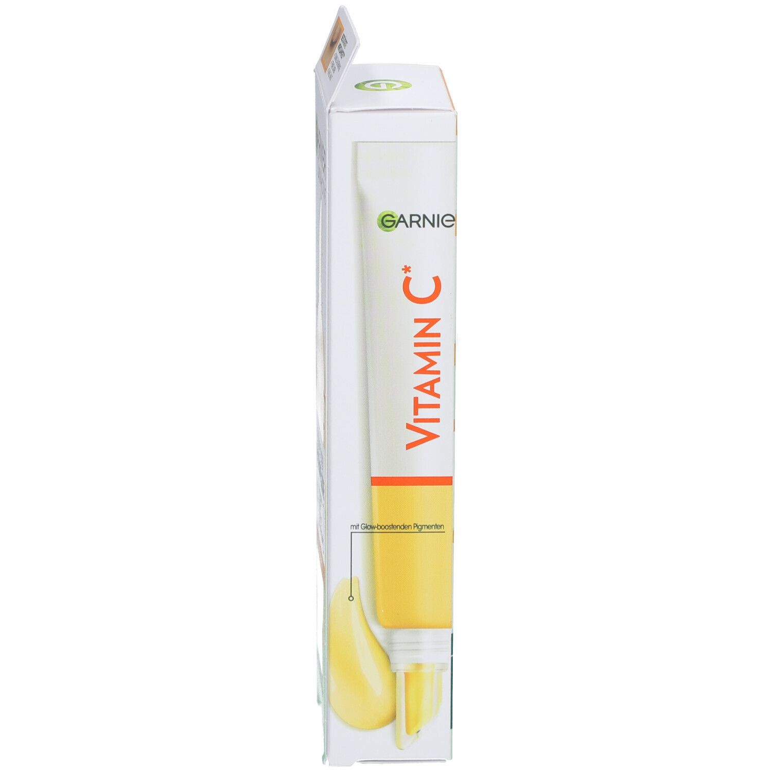 Garnier Vitamin C oogcrème tube en verpakking. Productweergave met gemarkeerde ingrediënten.