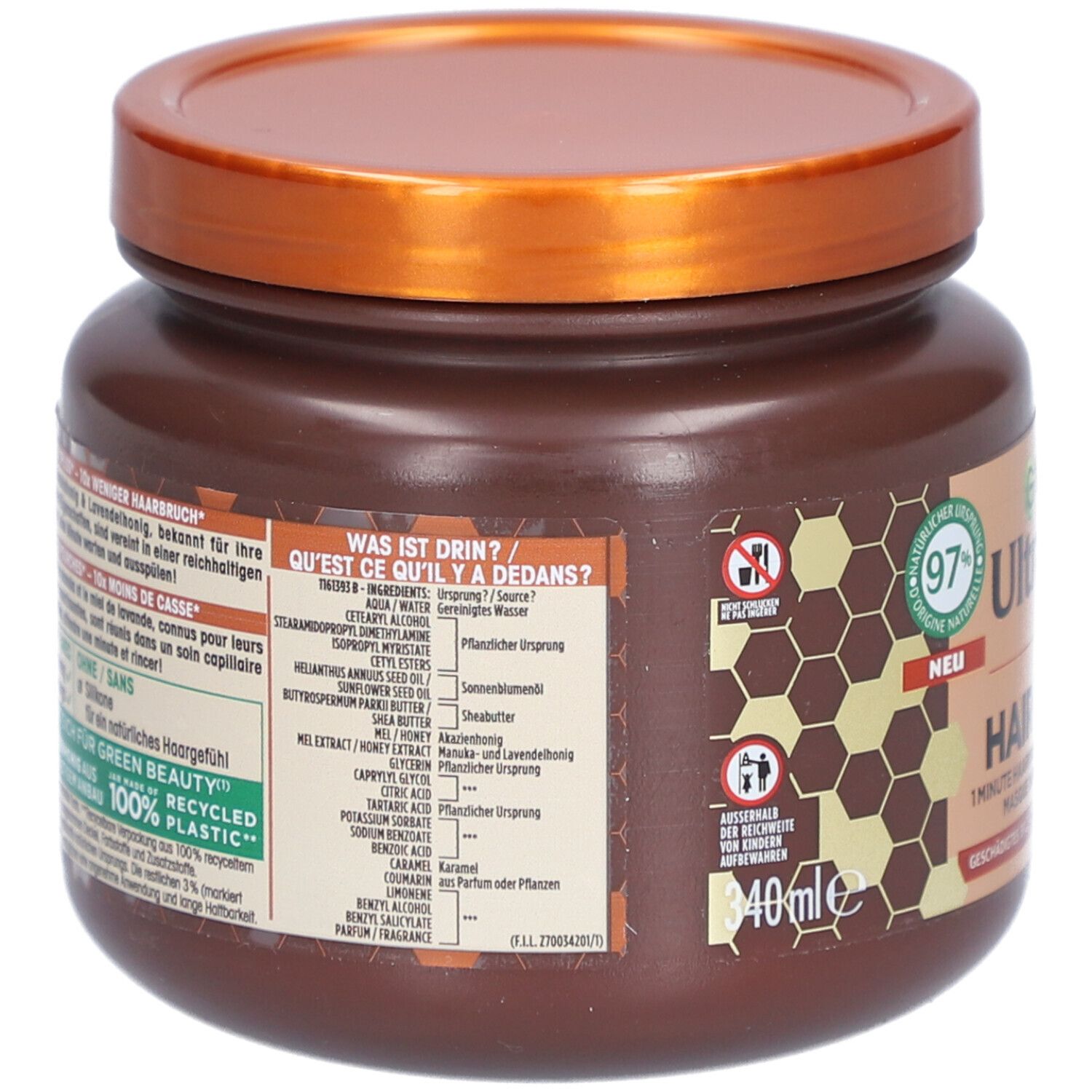 Dos de la Masque réparateur Garnier Ultra Doux avec liste d'ingrédients et instructions.