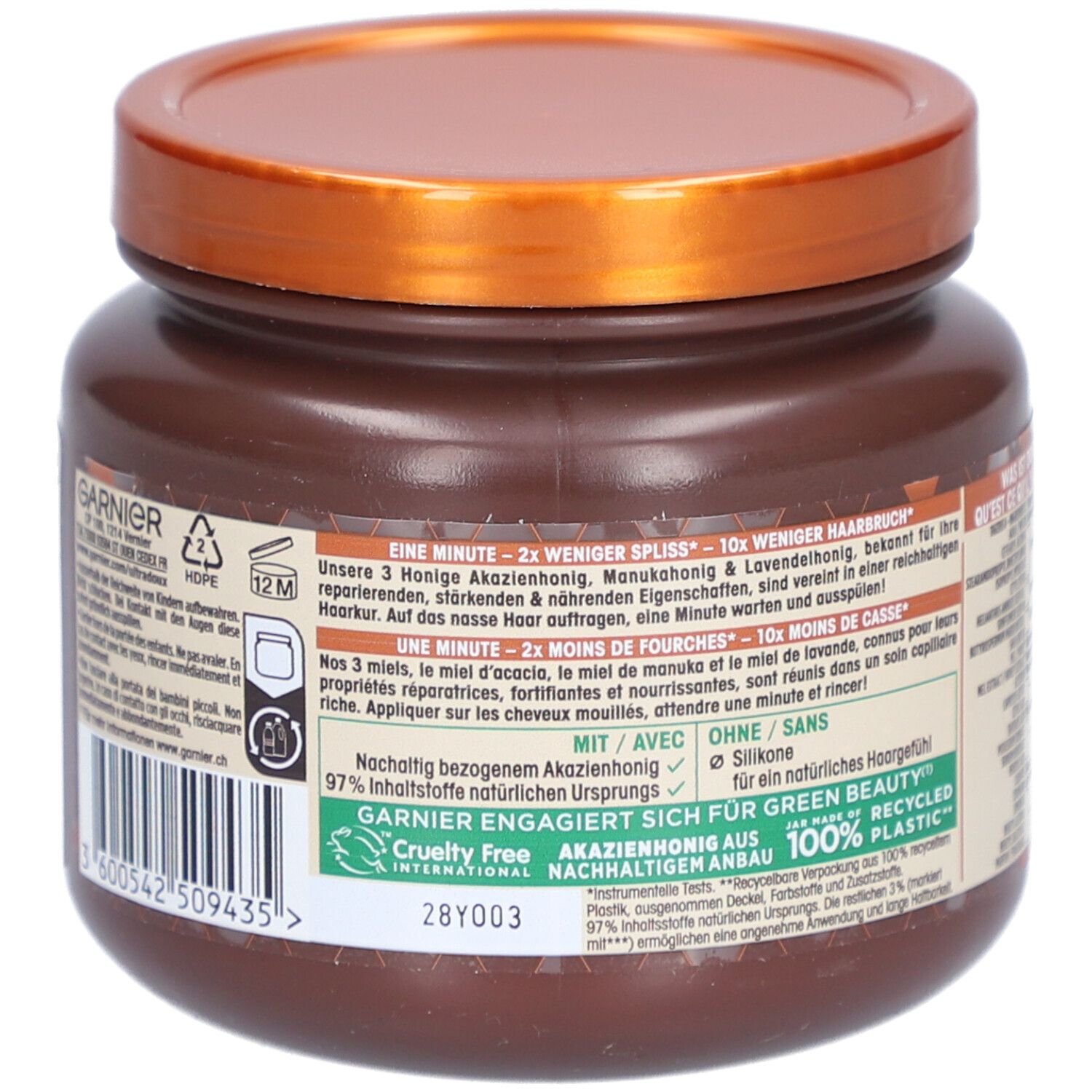 Dos du Masque réparateur Garnier Ultra Doux avec instructions et informations écologiques.