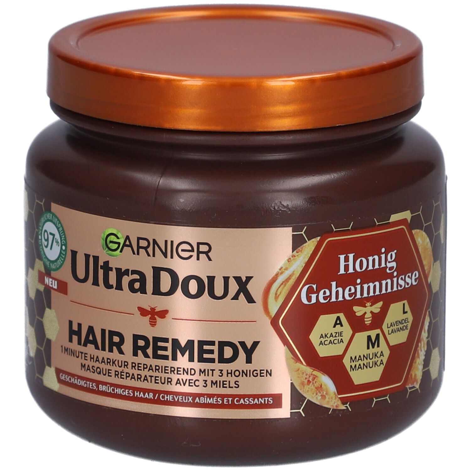 Garnier Ultra Doux Hair Remedy Masque réparateur aux 3 miels, 340ml. Focus sur les secrets de miel.