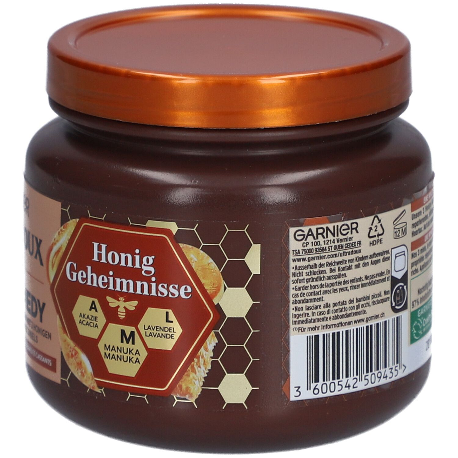 Masque réparateur Garnier Ultra Doux avec motif miel et informations produit.