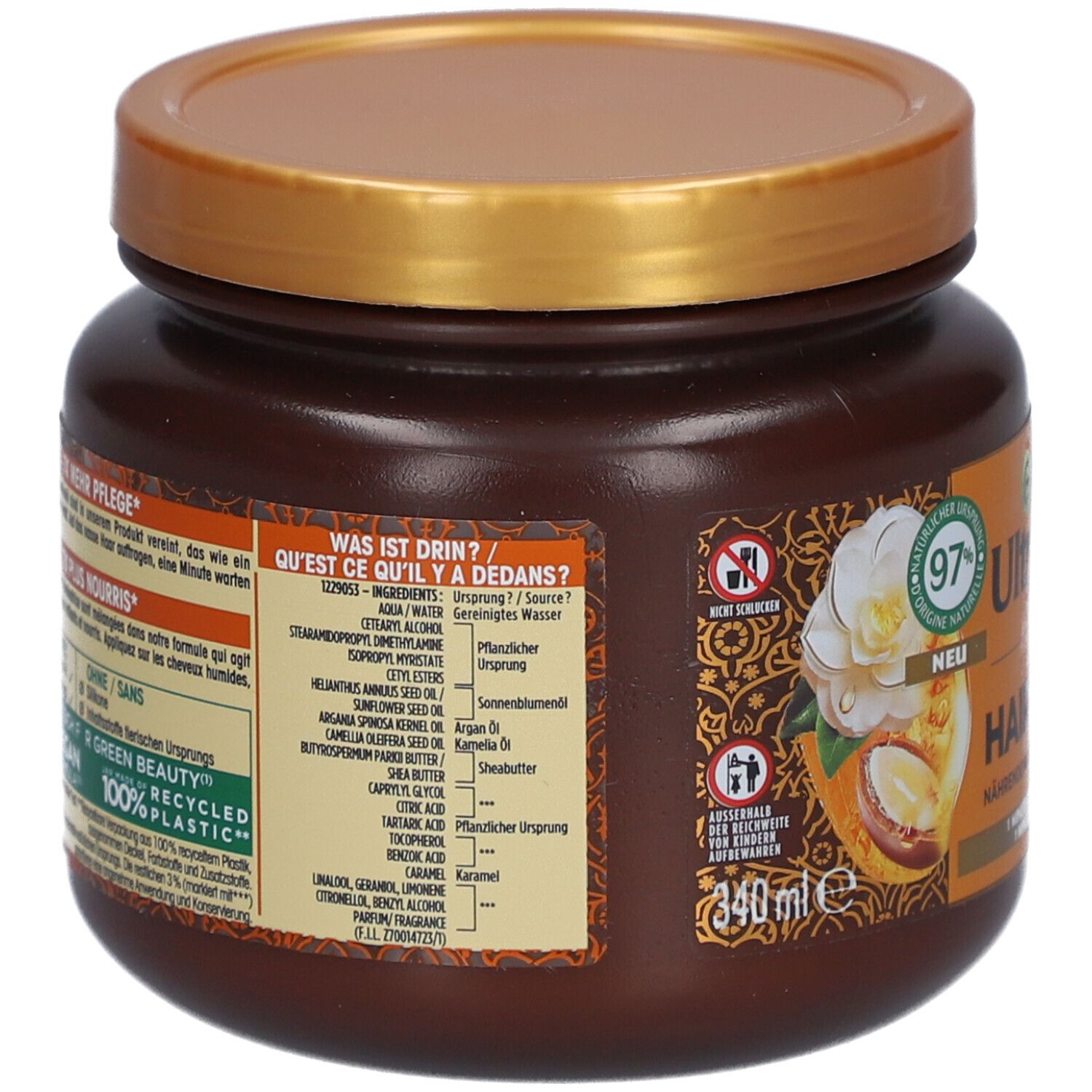 Achterkant Garnier Ultra Doux haarmasker met ingrediëntenlijst en instructies. 340 ml.