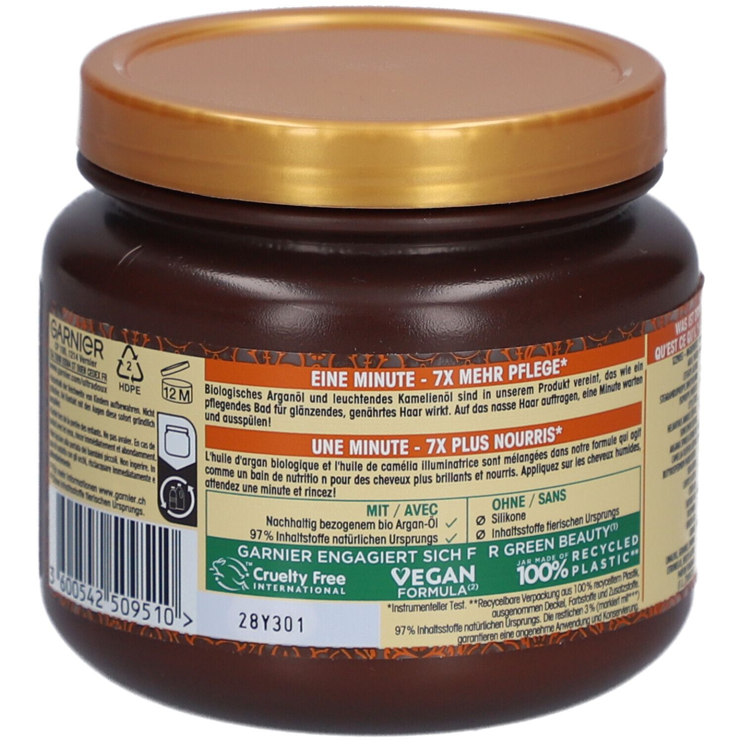 Zijaanzicht Garnier Ultra Doux haarmasker. Vegan, 100% gerecycled plastic.