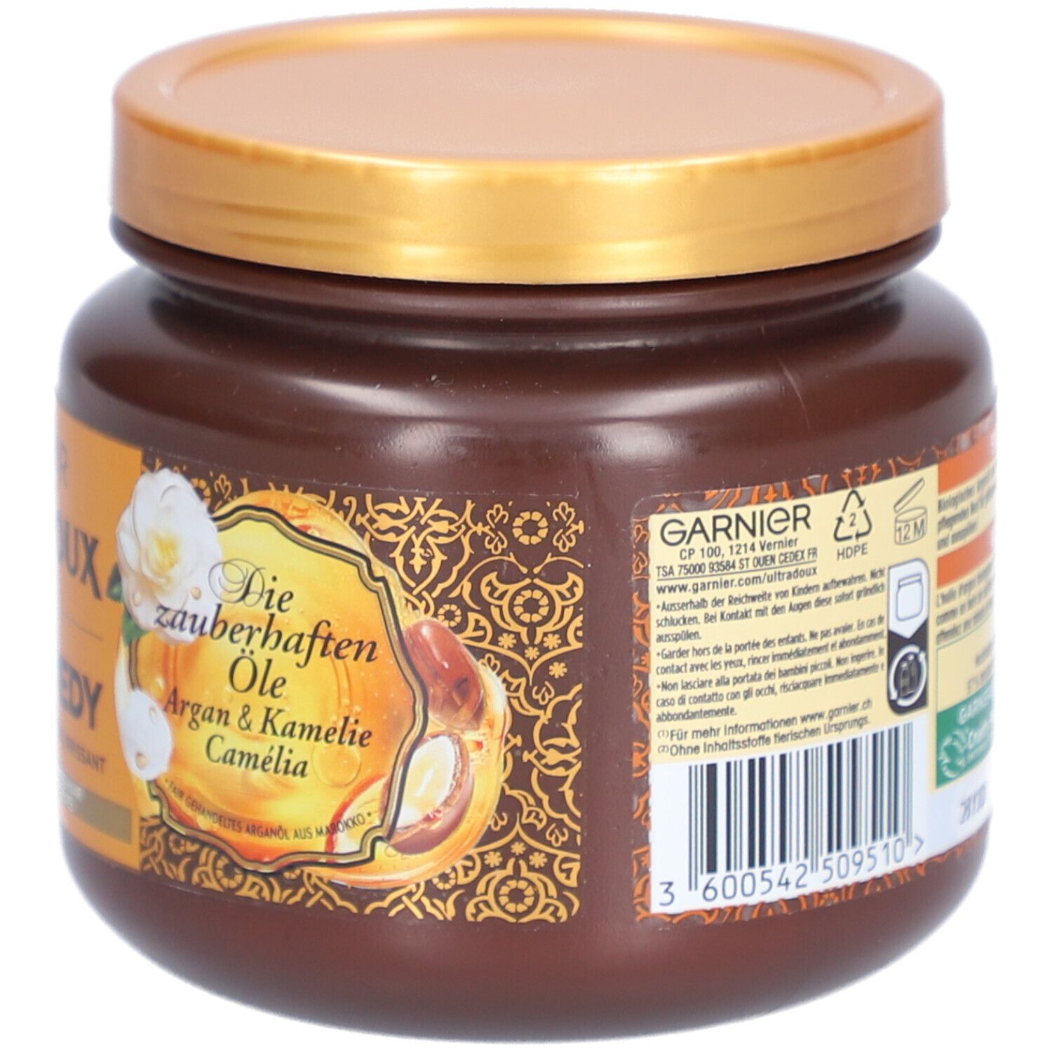 Achterkant Garnier Ultra Doux haarmasker met zegels en barcode. 340 ml.