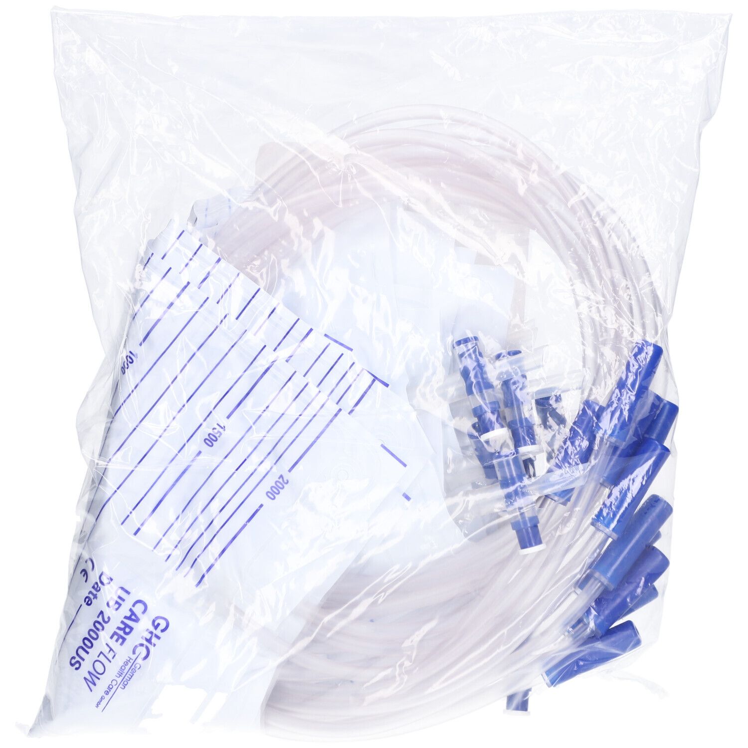 Transparante urinezak met afvoer, verpakt. GHC Care Flow-logo en schaalverdeling. Bevat slangen en connectoren.